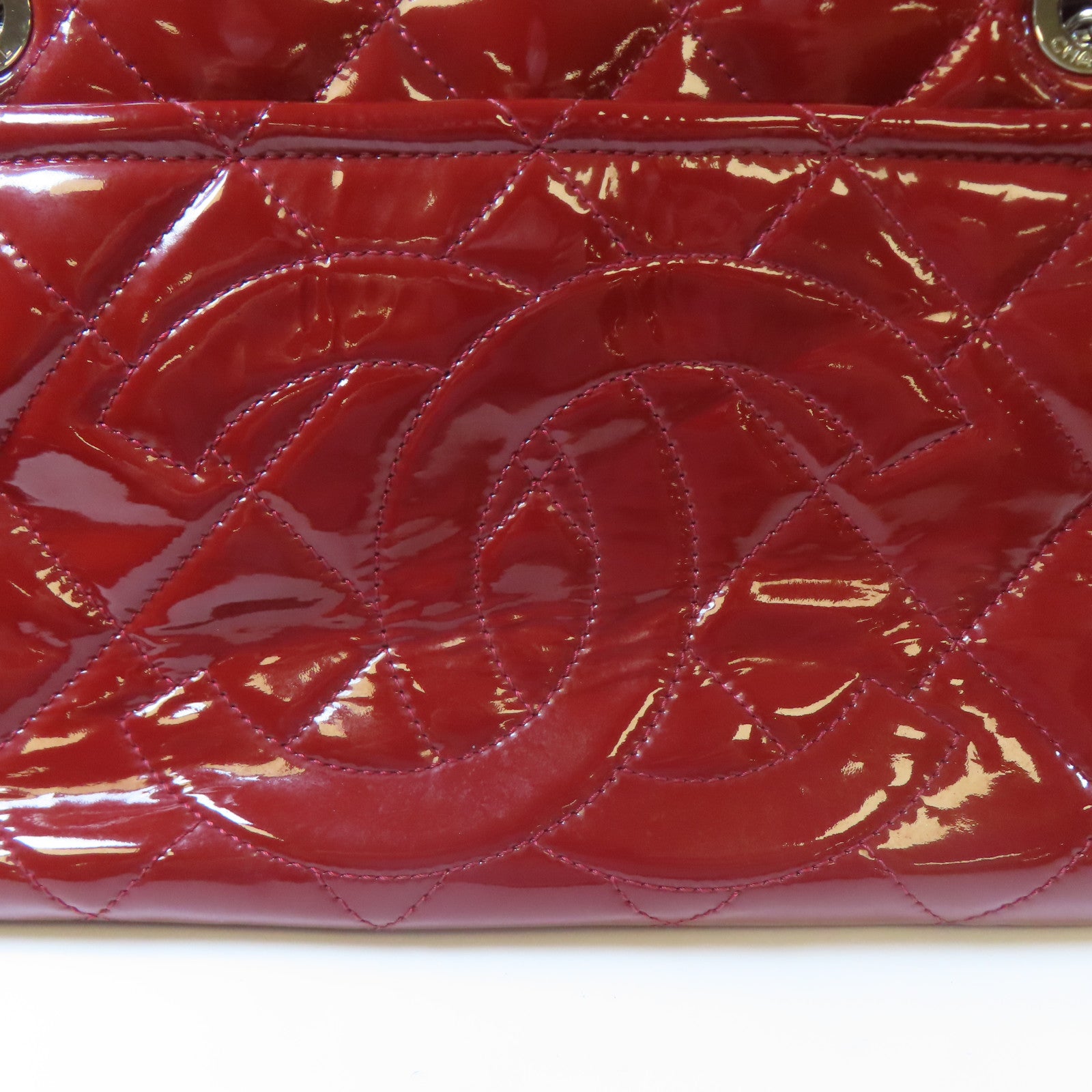 CHANEL 【激減優惠】菱格漆皮皮革Chain Shoulder Tote銀扣鏈帶肩背袋紅色