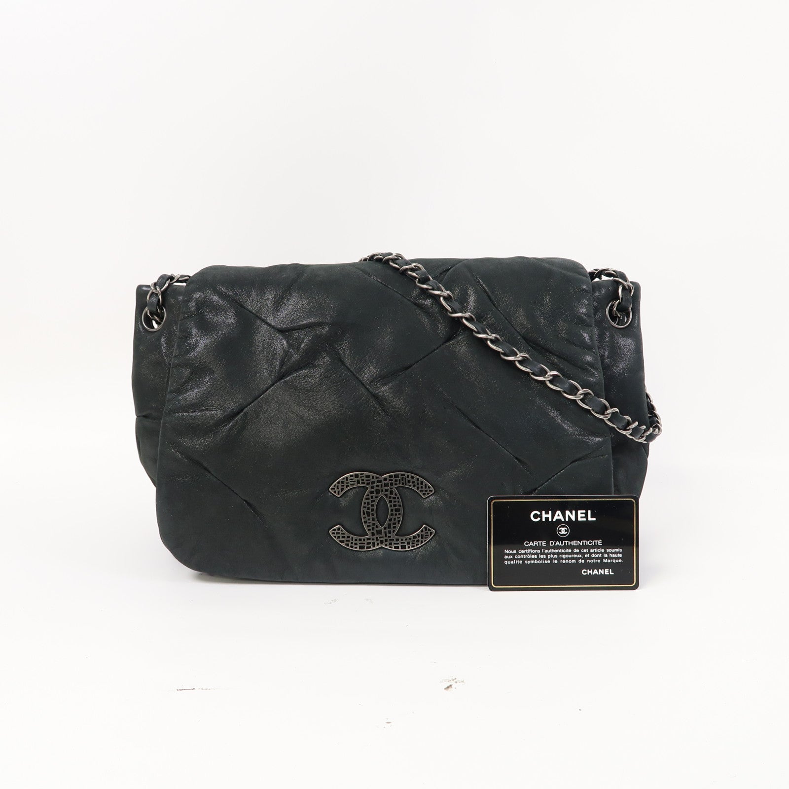 CHANEL 【激減優惠】皮革Chain Shoulder銀扣鏈帶肩背袋灰色