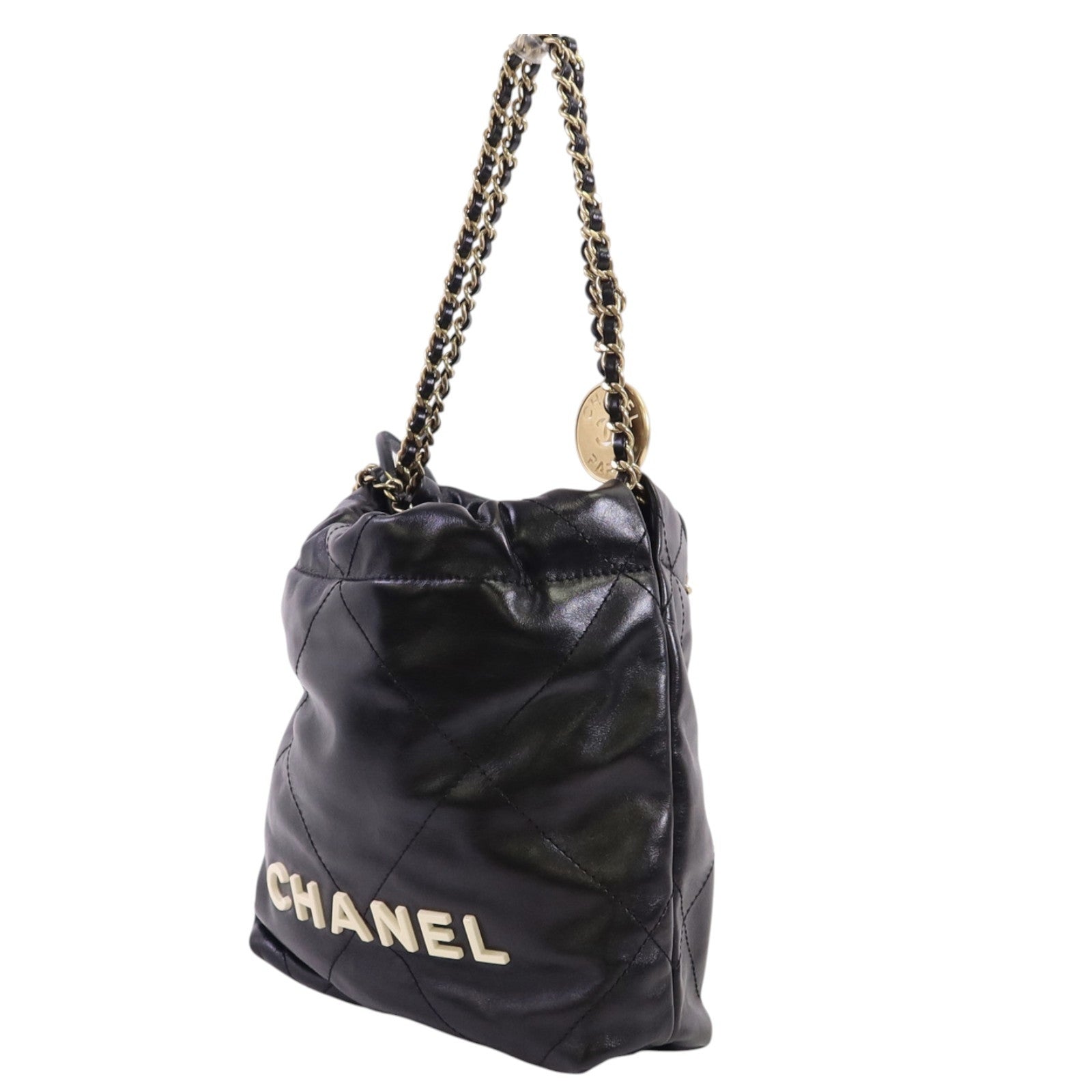 CHANEL 牛皮皮革Mini 22金扣鏈帶手挽肩背兩用袋