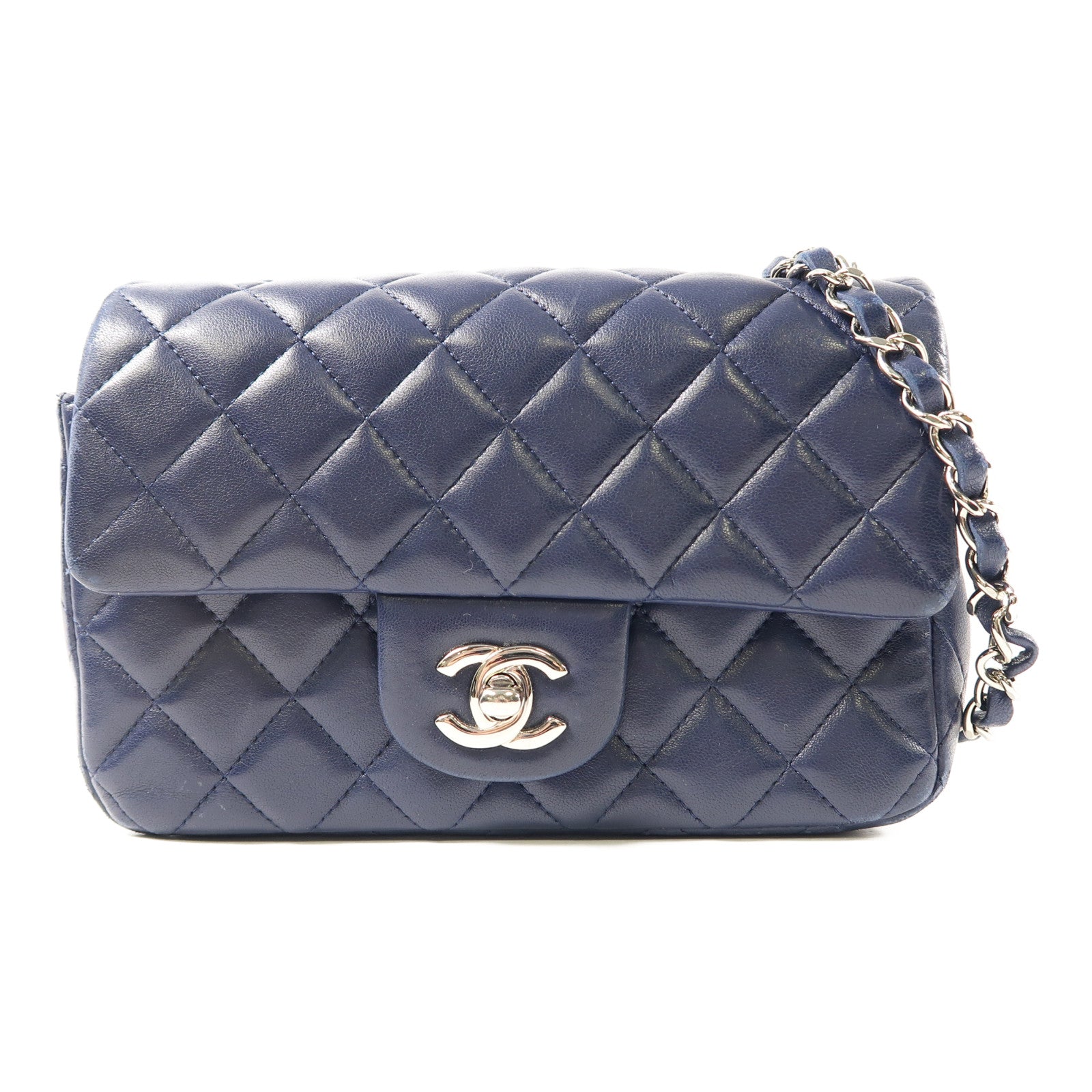 CHANEL 菱格羊皮皮革Classic 20銀扣鏈帶肩背袋深藍色