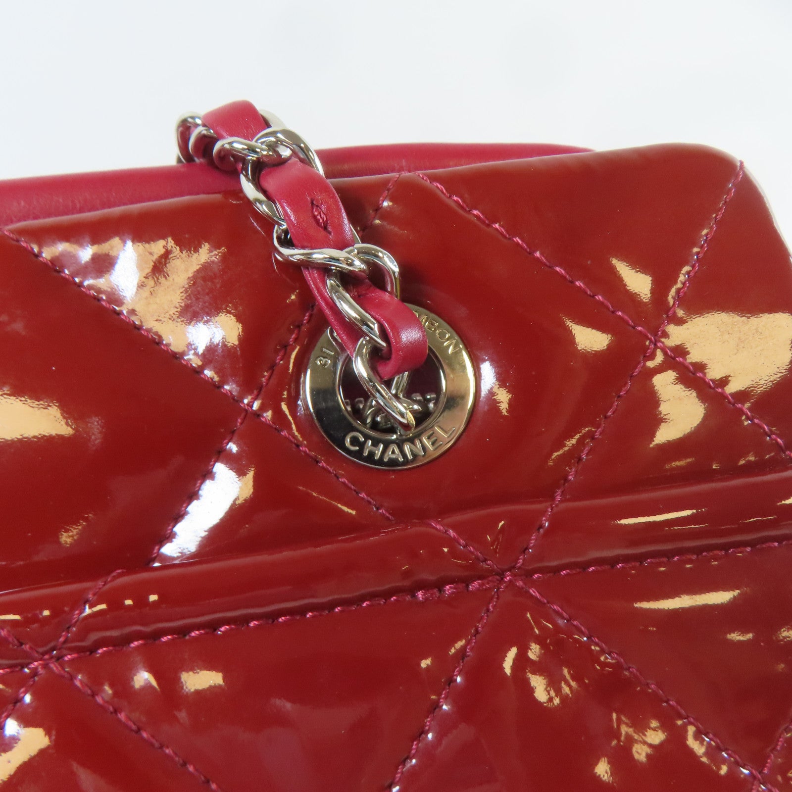 CHANEL 【激減優惠】菱格漆皮皮革Chain Shoulder Tote銀扣鏈帶肩背袋紅色