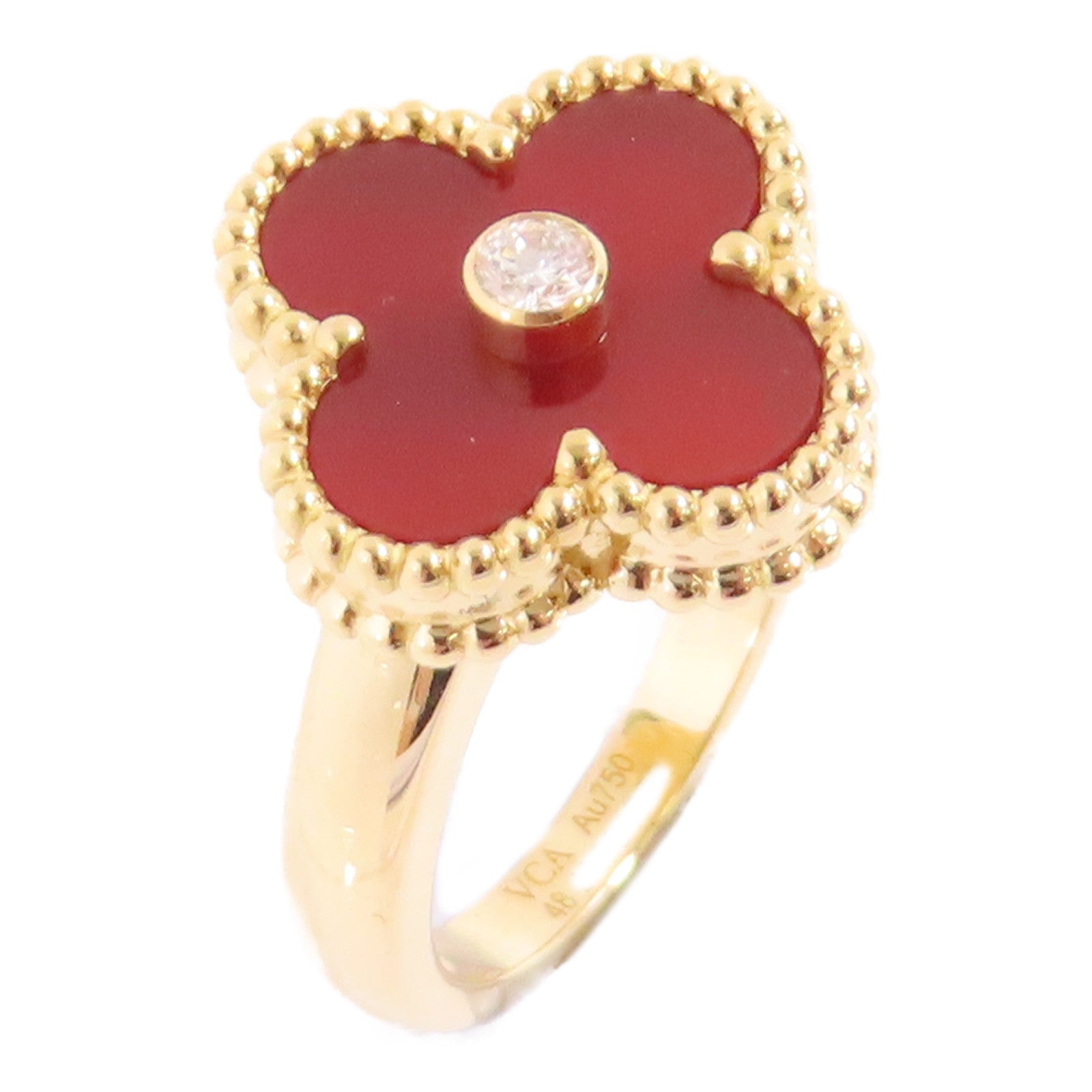 Van Cleef & Arpels 18K黃金/鑽石/紅玉髓Vintage Alhambra Ring#50/US#4.5