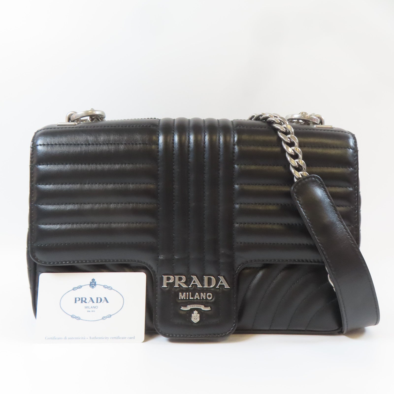 PRADA 牛皮皮革Chain Shoulder Bag銀扣鏈帶肩背袋黑色