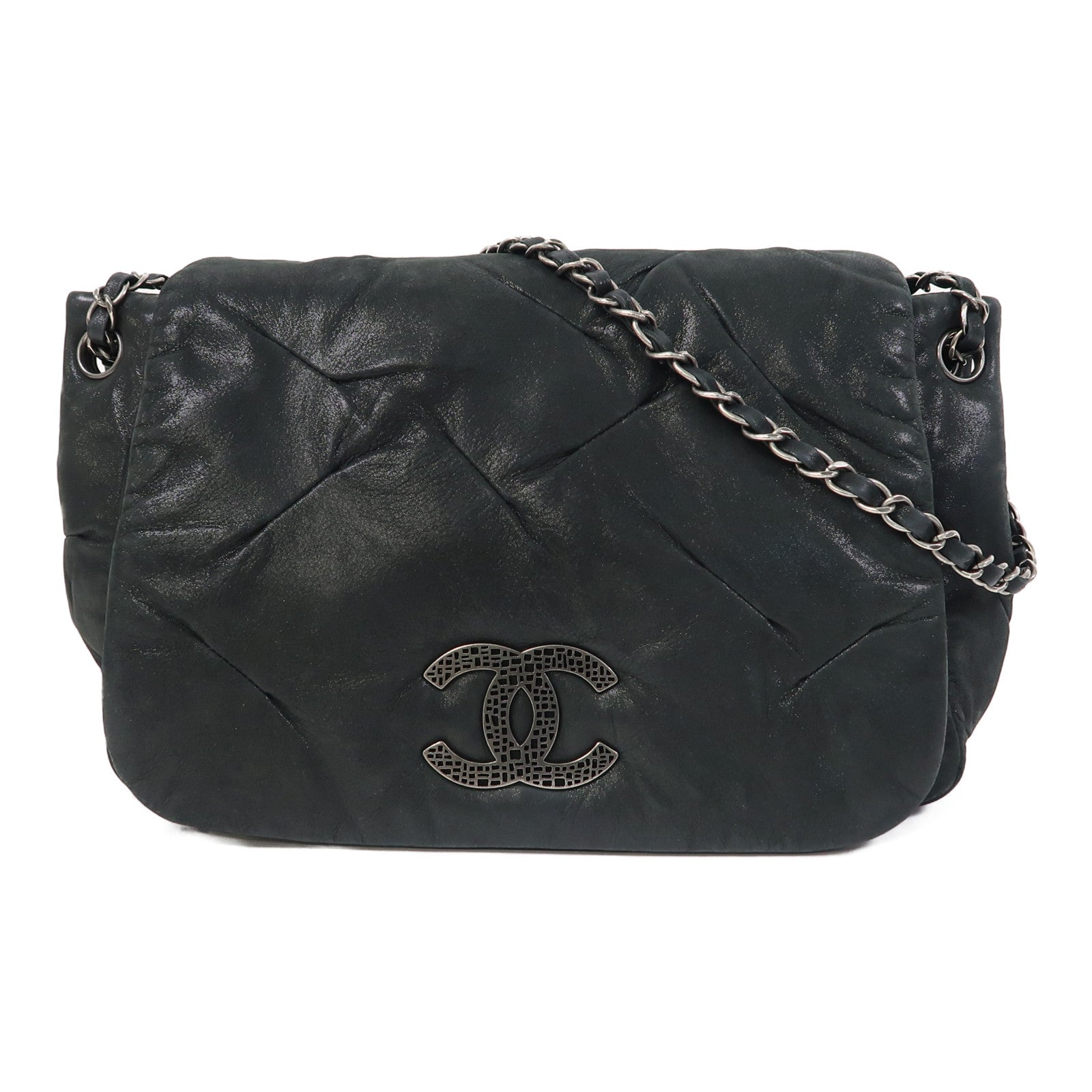 CHANEL 【激減優惠】皮革Chain Shoulder銀扣鏈帶肩背袋灰色