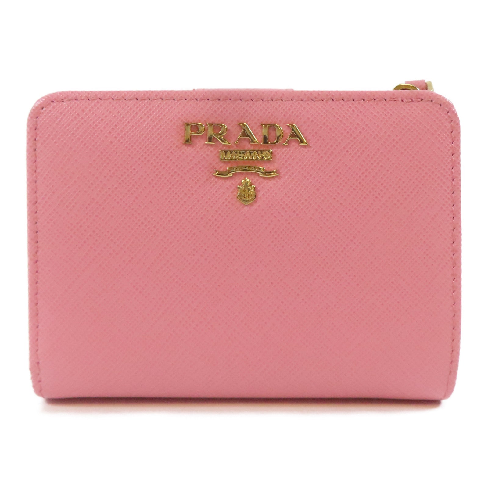PRADA Saffiano皮革Bifold Wallet金扣錢包粉紅色