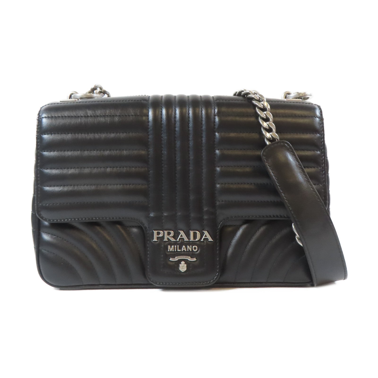PRADA 牛皮皮革Chain Shoulder Bag銀扣鏈帶肩背袋黑色