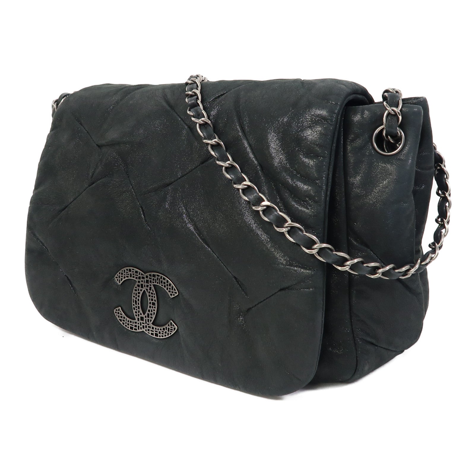 CHANEL 【激減優惠】皮革Chain Shoulder銀扣鏈帶肩背袋灰色