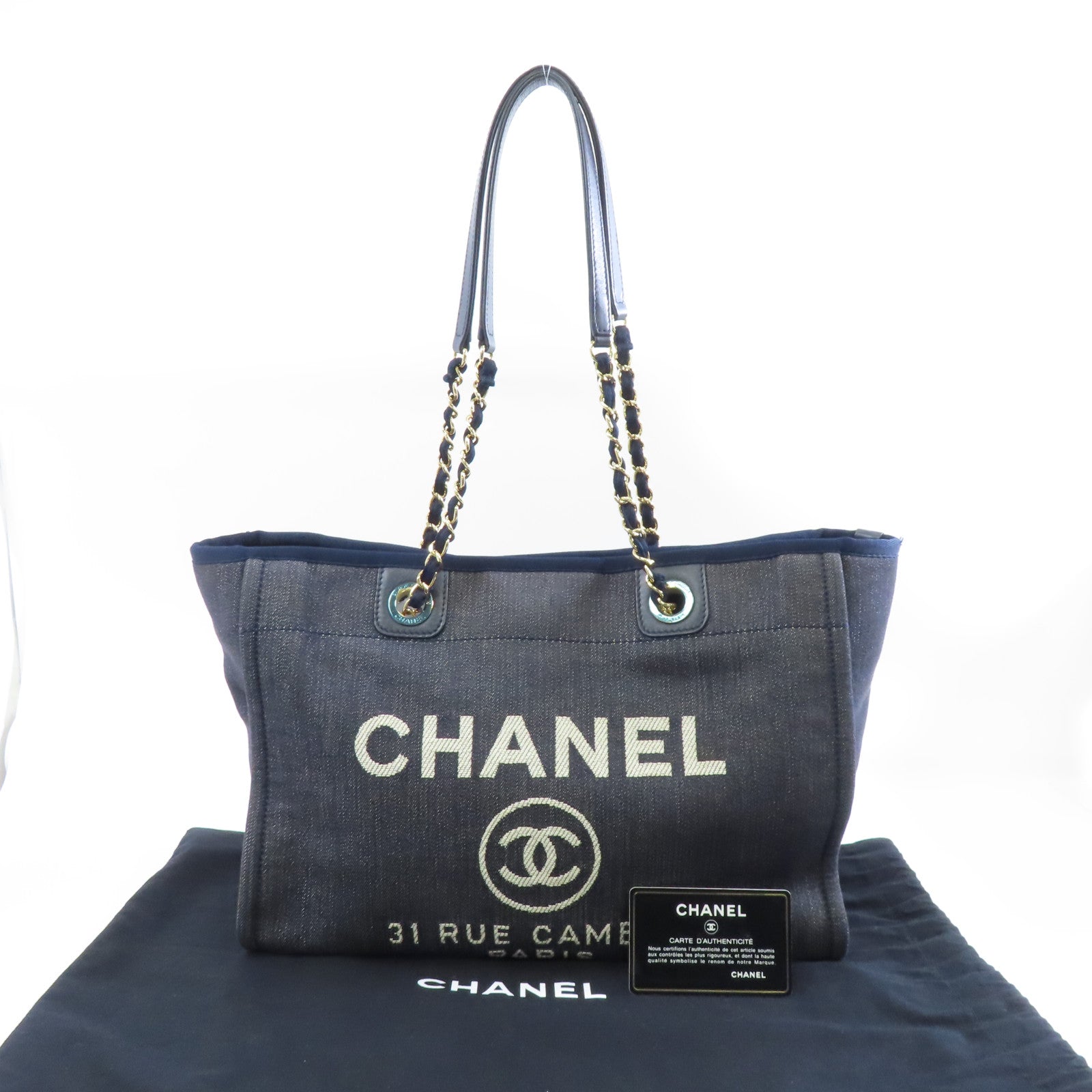 CHANEL 牛仔布Deauville Tote Bag金扣肩背袋/手挽袋深藍色