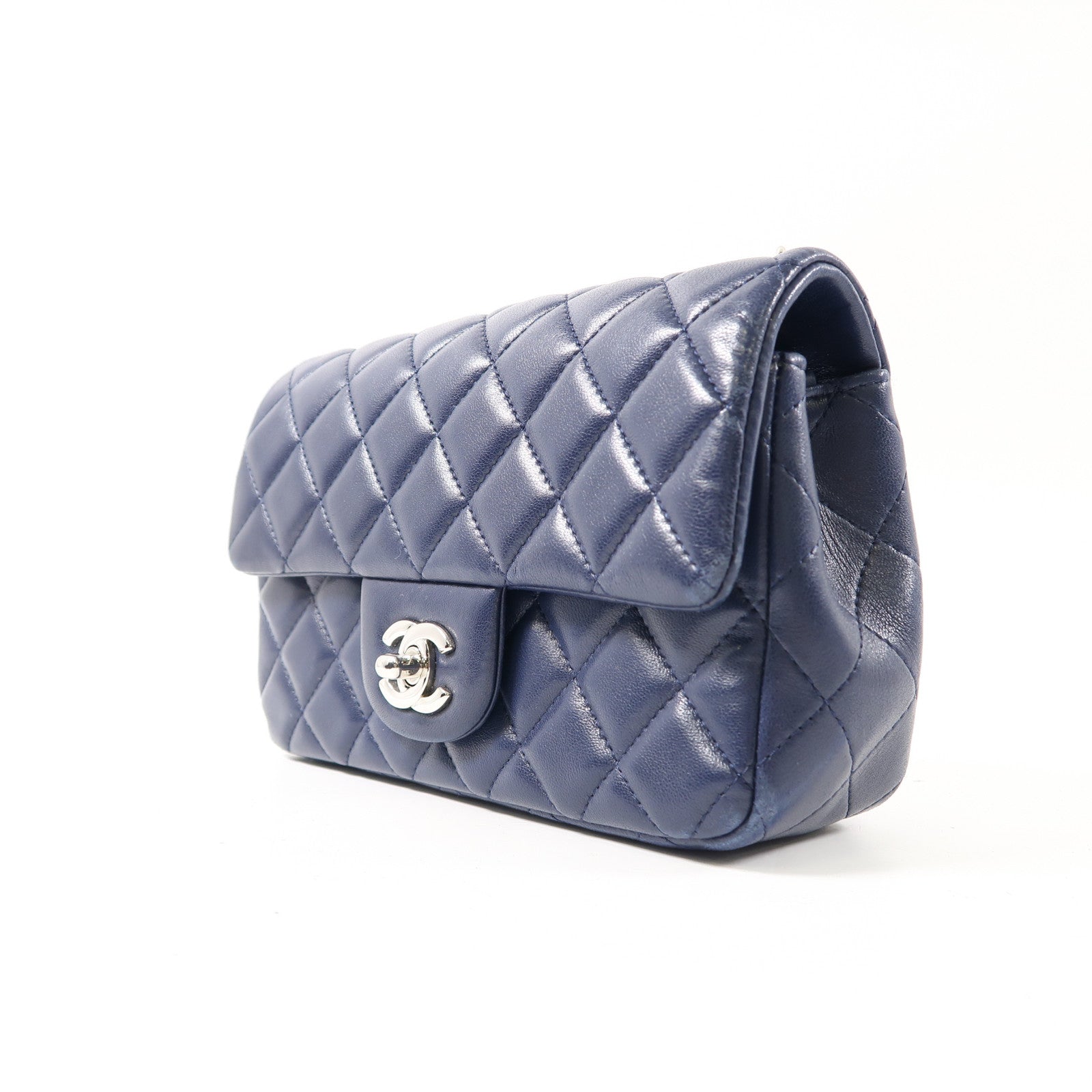 CHANEL 菱格羊皮皮革Classic 20銀扣鏈帶肩背袋深藍色