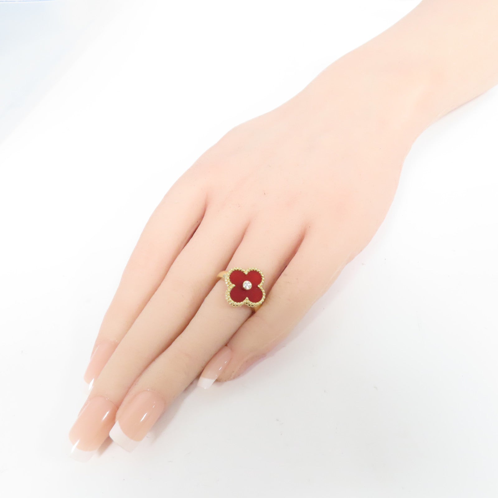 Van Cleef & Arpels 18K黃金/鑽石/紅玉髓Vintage Alhambra Ring#50/US#4.5