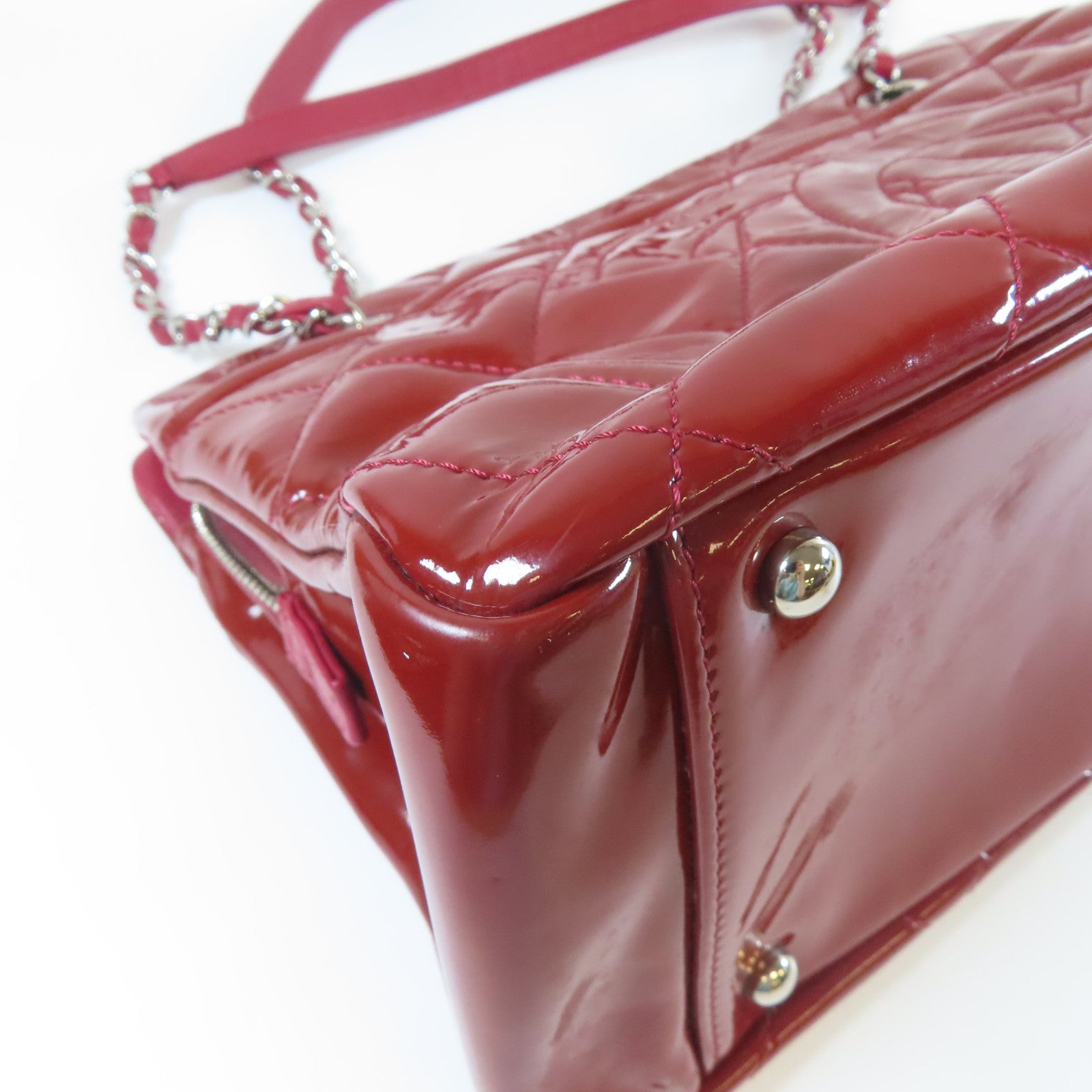 CHANEL 【激減優惠】菱格漆皮皮革Chain Shoulder Tote銀扣鏈帶肩背袋紅色