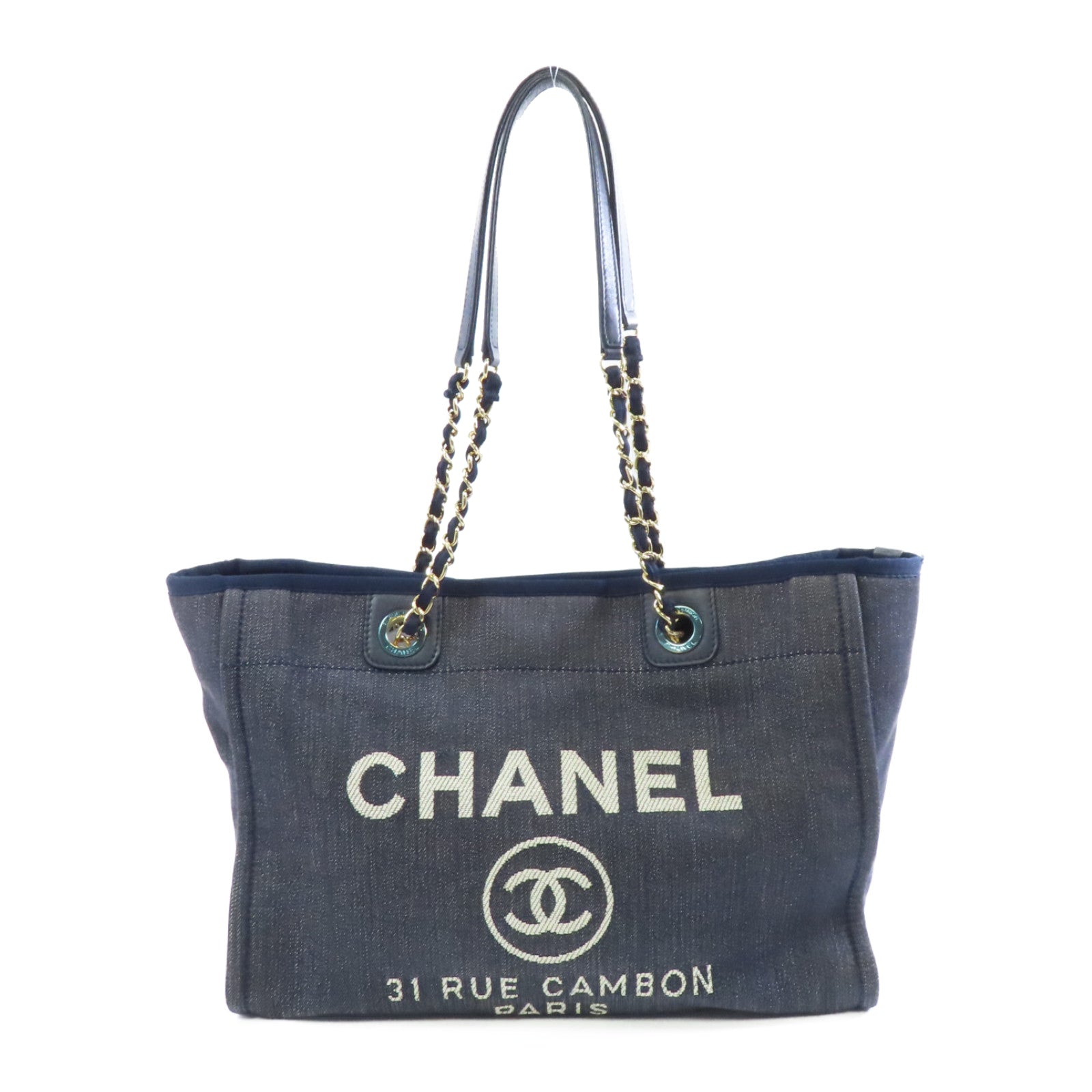 CHANEL 牛仔布Deauville Tote Bag金扣肩背袋/手挽袋深藍色