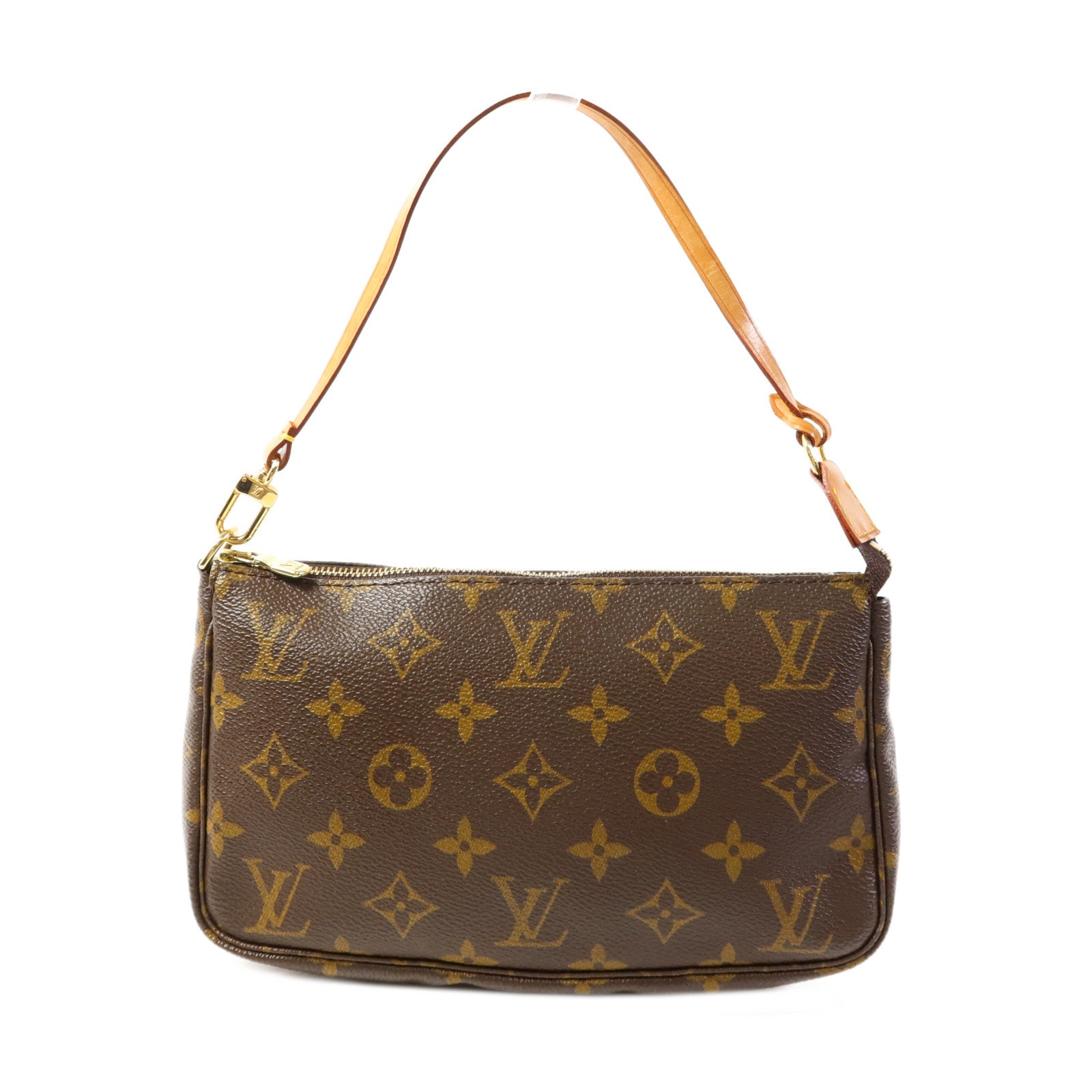 LOUIS VUITTON Monogram Pochette Accessoires金扣手挽袋棕色