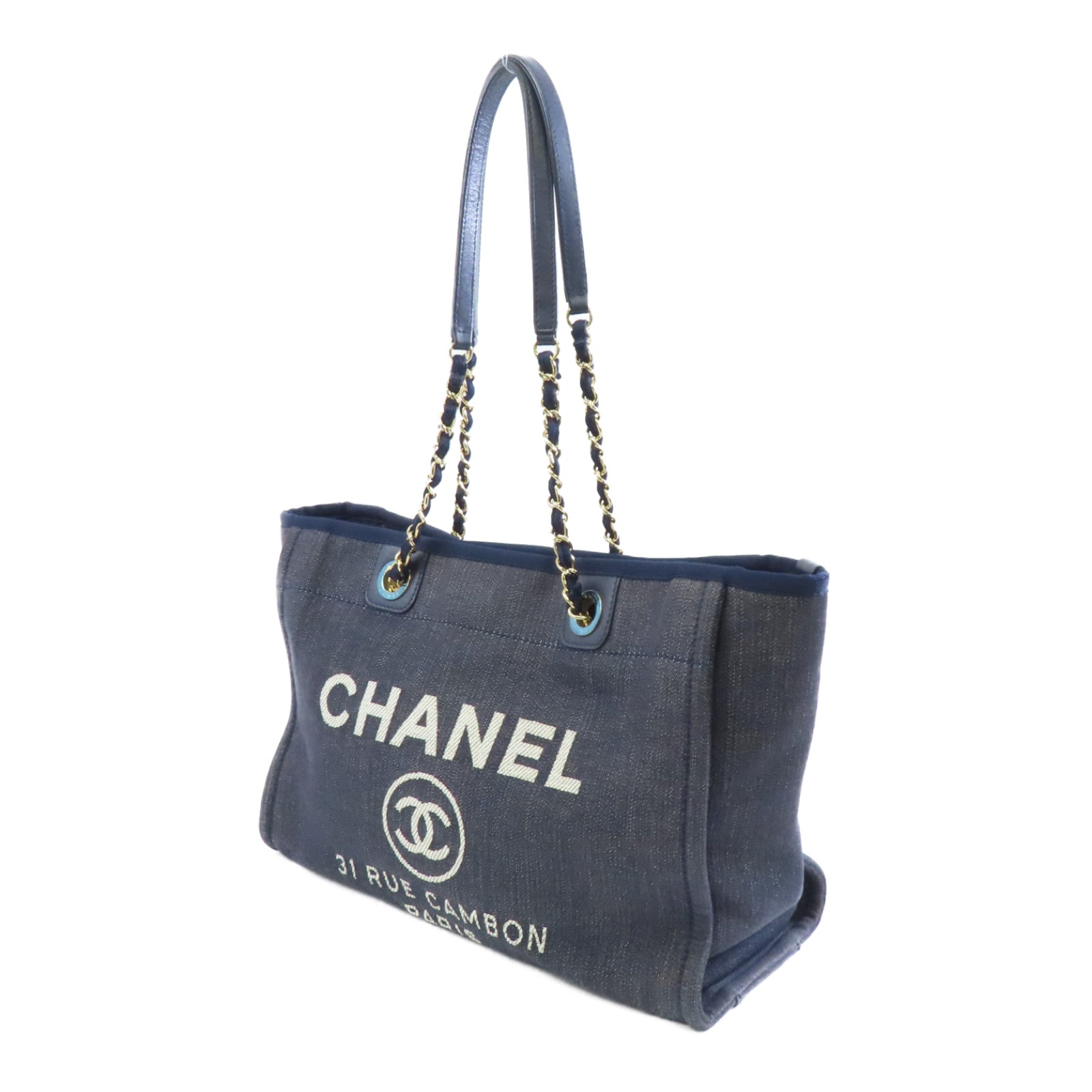 CHANEL 牛仔布Deauville Tote Bag金扣肩背袋/手挽袋深藍色