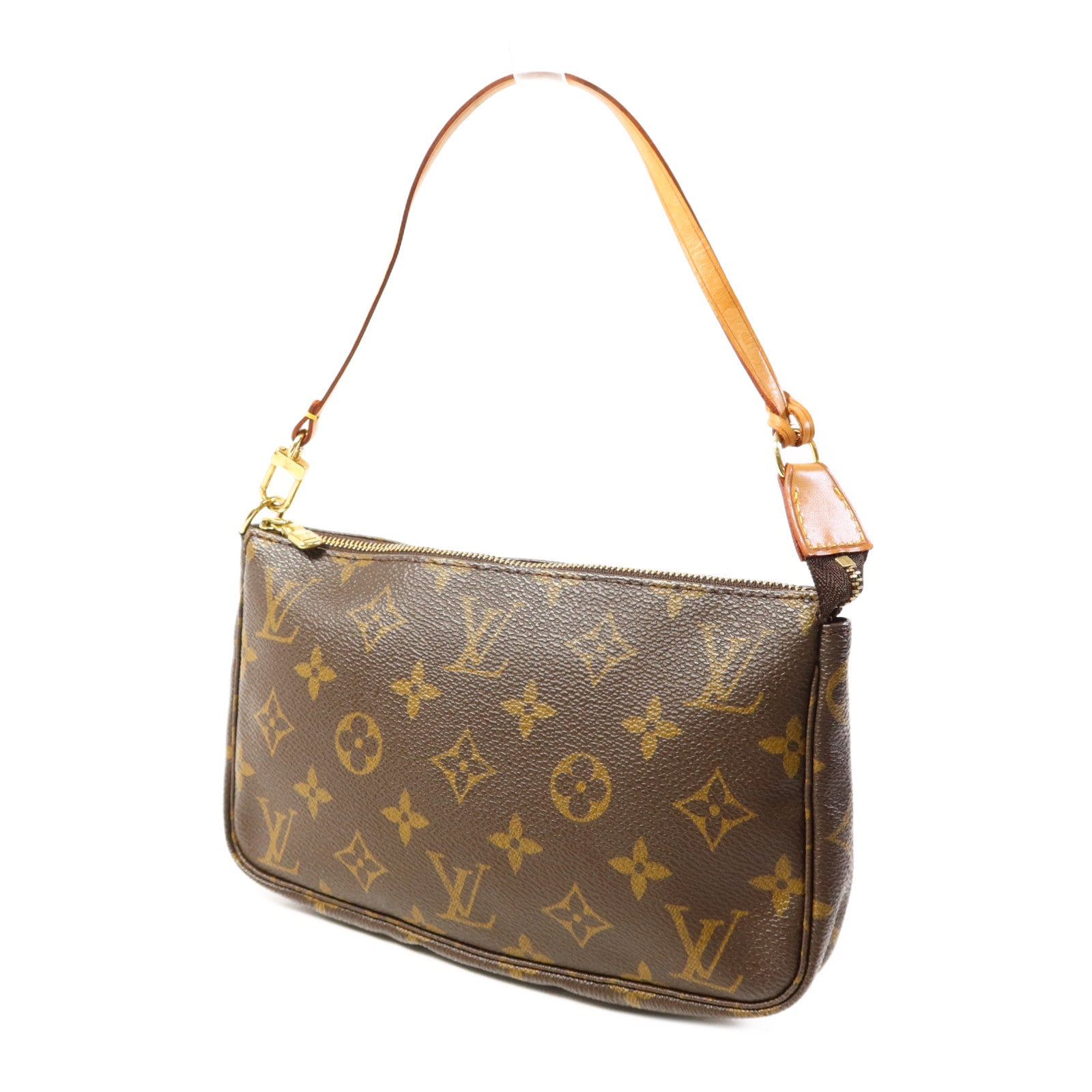 LOUIS VUITTON Monogram Pochette Accessoires金扣手挽袋棕色