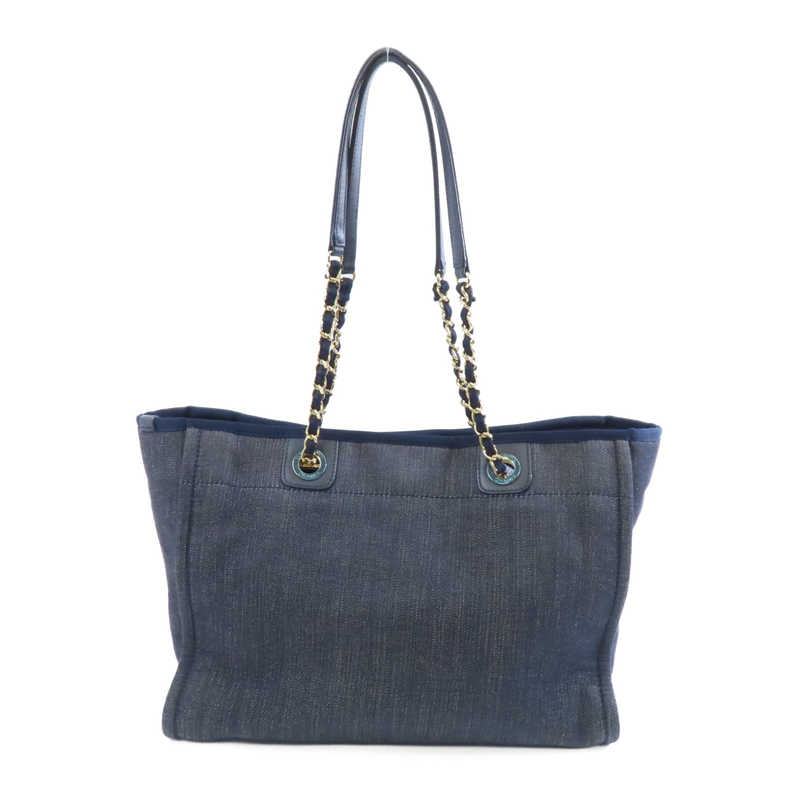 CHANEL 牛仔布Deauville Tote Bag金扣肩背袋/手挽袋深藍色