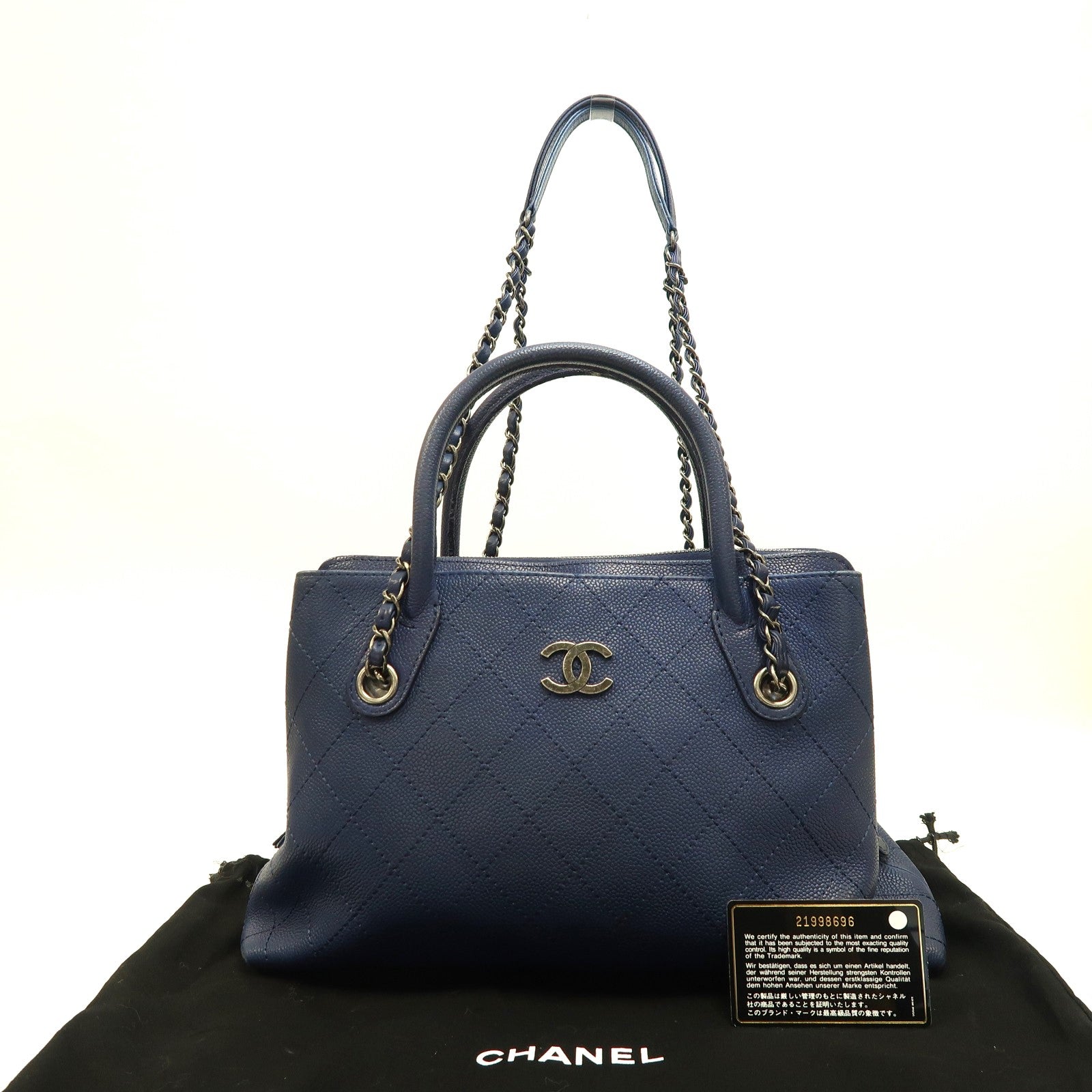 CHANEL 菱格皮革2way Shoulder Bag銀扣鏈帶手挽肩背兩用袋深藍色