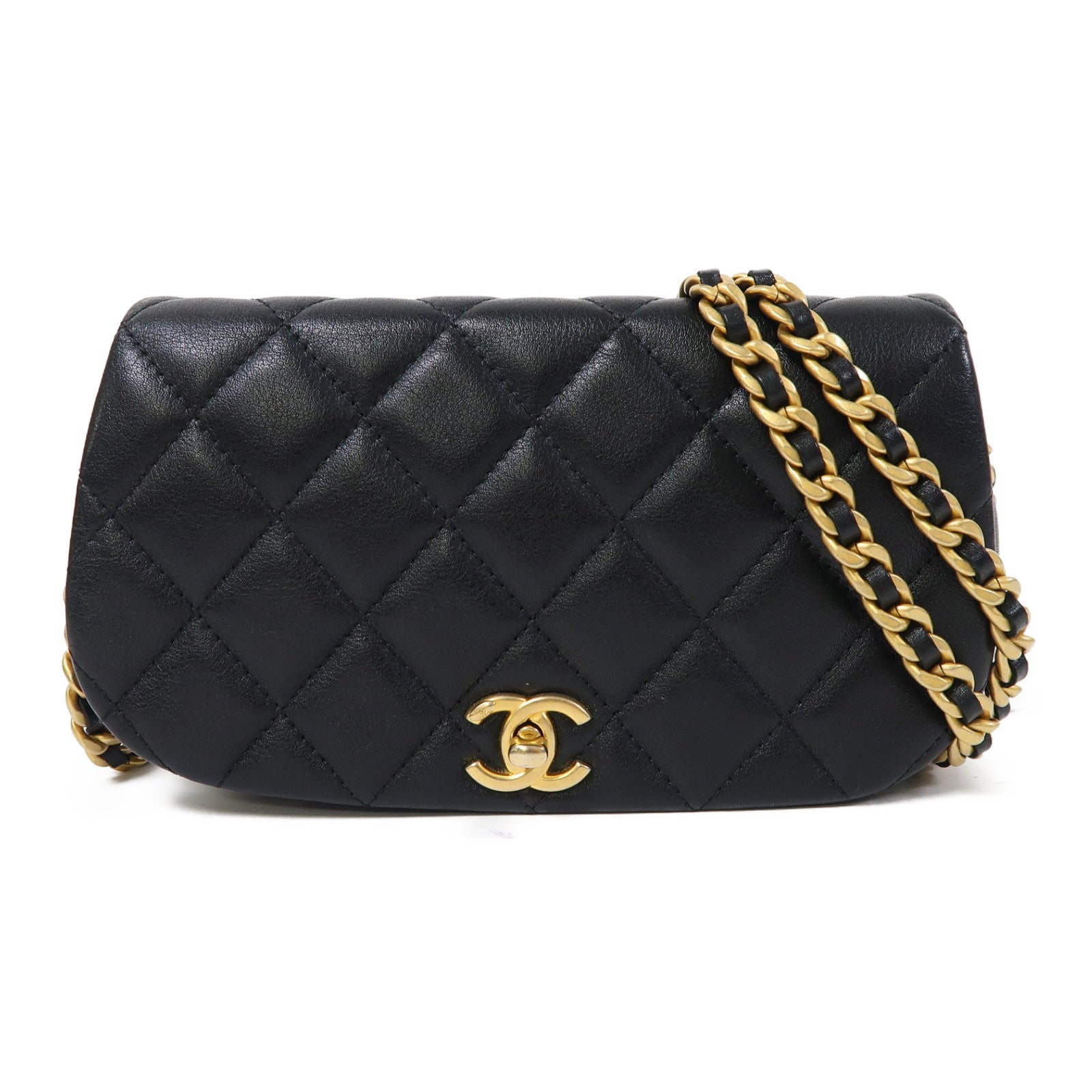CHANEL 【激減優惠】菱格牛皮皮革Chain Shoulder金扣鏈帶肩背袋黑色