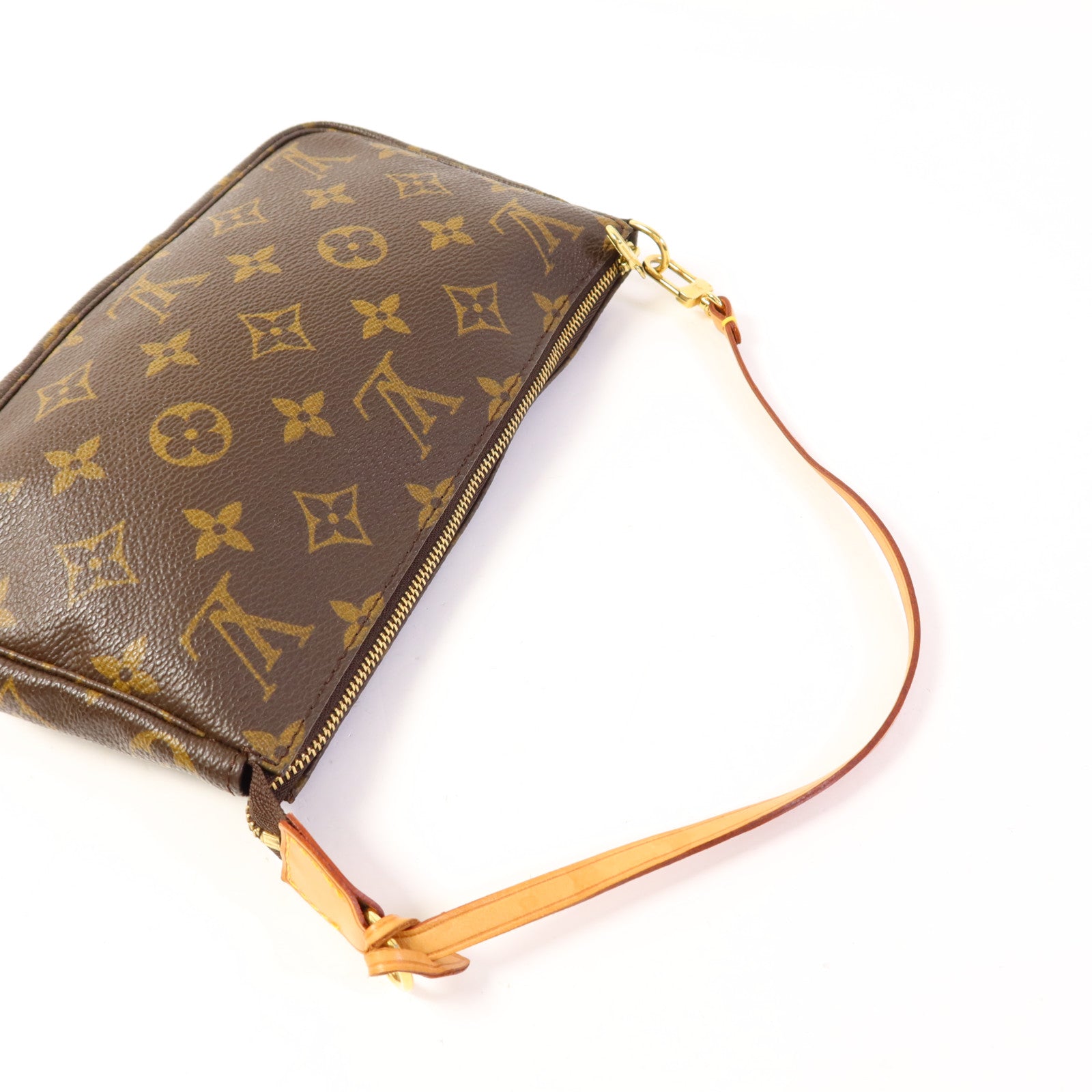 LOUIS VUITTON Monogram Pochette Accessoires金扣手挽袋棕色