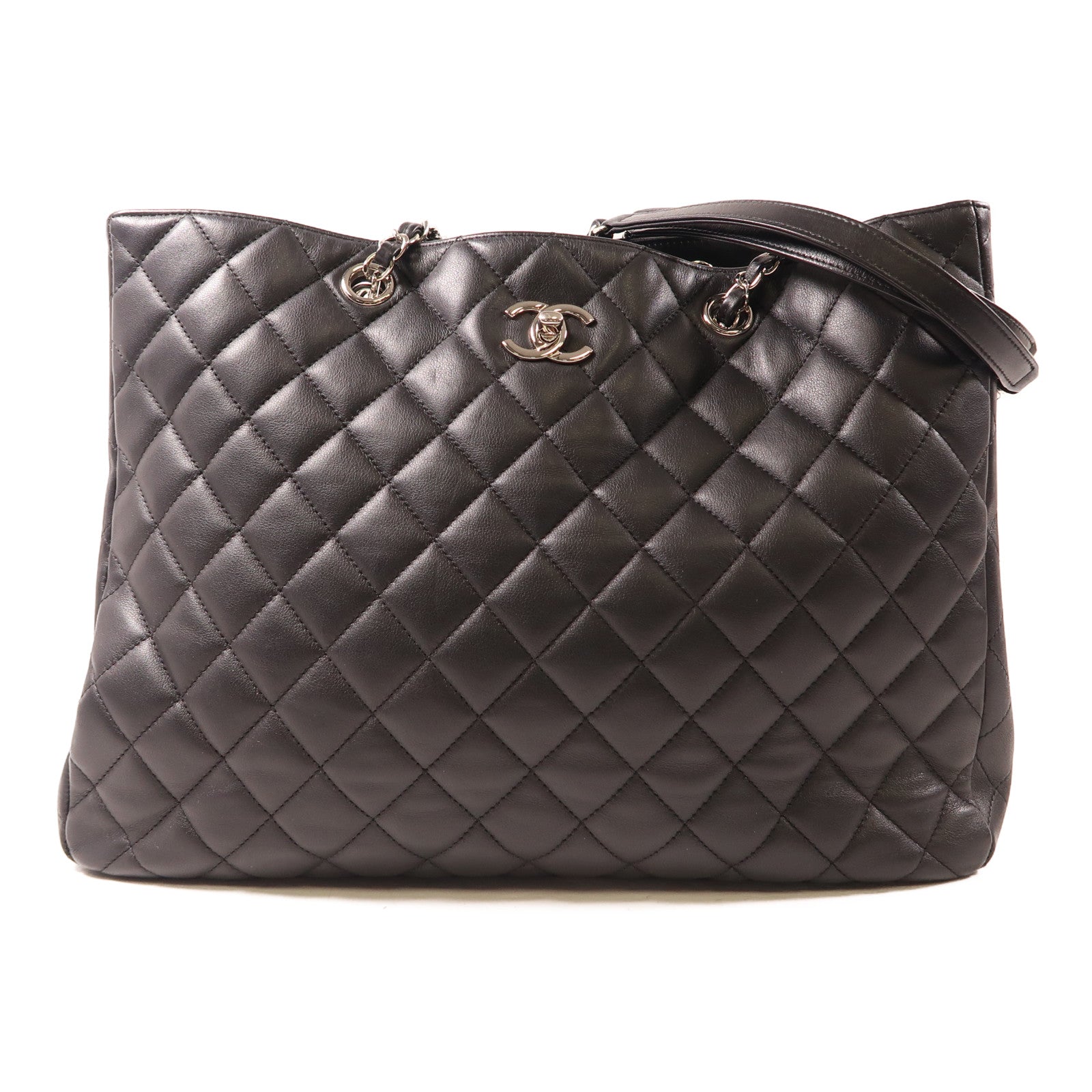 CHANEL 菱格牛皮皮革Tote Bag銀扣鏈帶肩背袋黑色