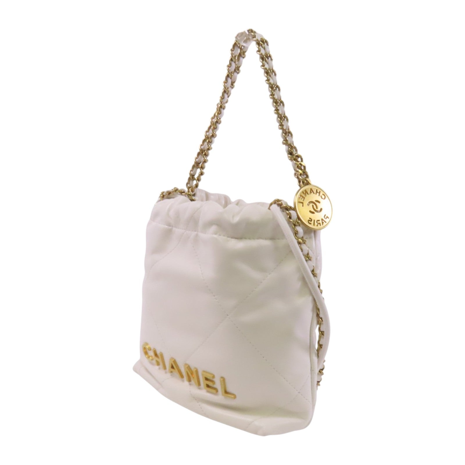 CHANEL 牛皮皮革Mini 22金扣鏈帶手挽肩背兩用袋