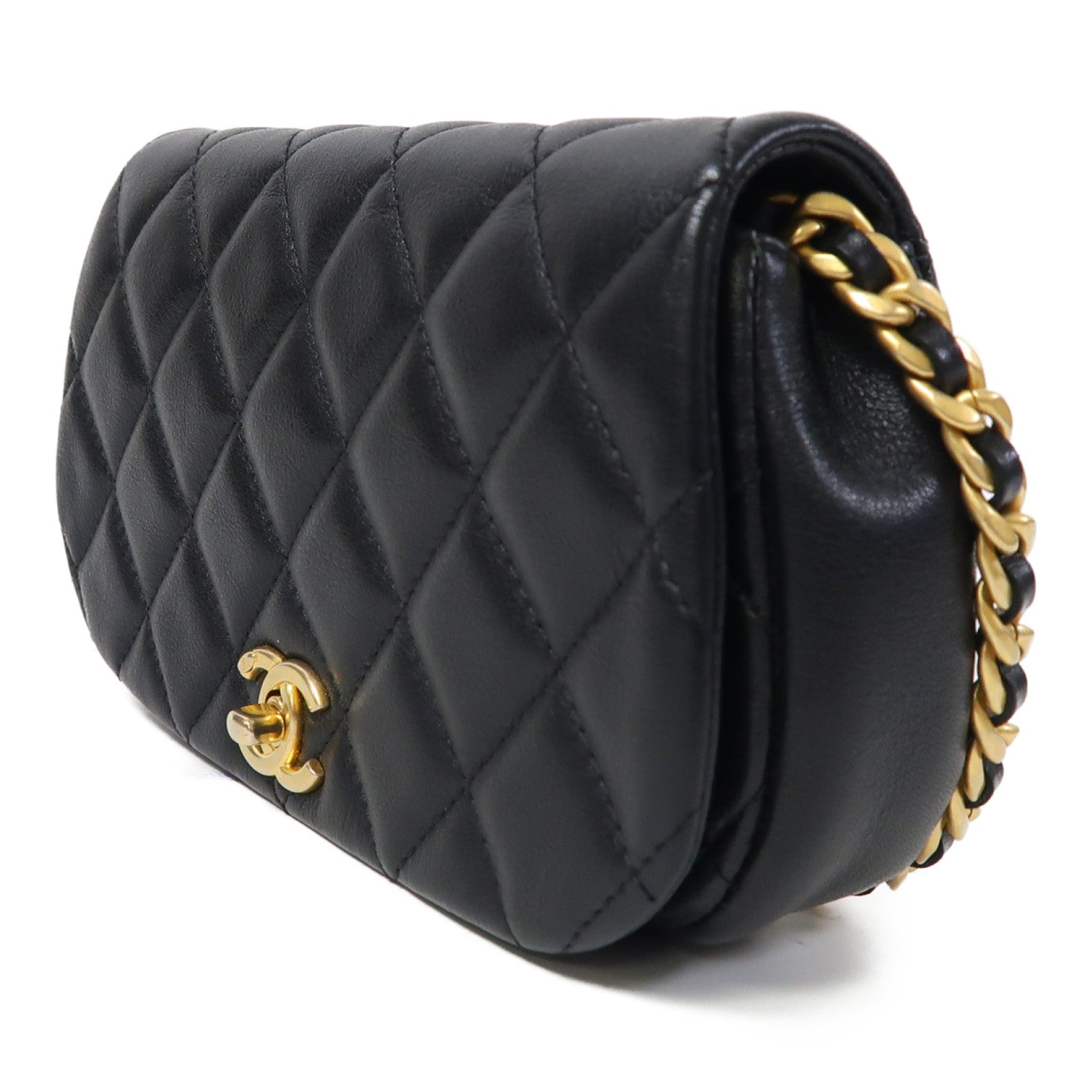 CHANEL 【激減優惠】菱格牛皮皮革Chain Shoulder金扣鏈帶肩背袋黑色