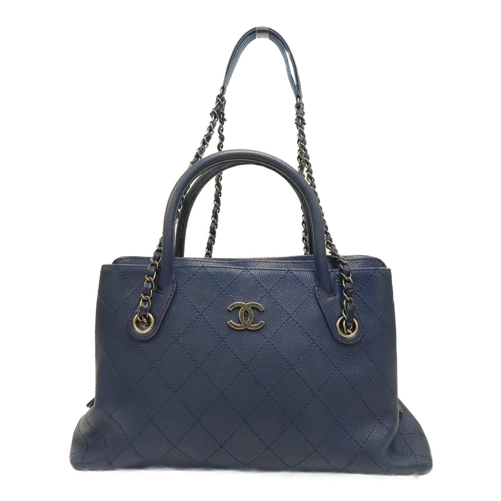 CHANEL 菱格皮革2way Shoulder Bag銀扣鏈帶手挽肩背兩用袋深藍色