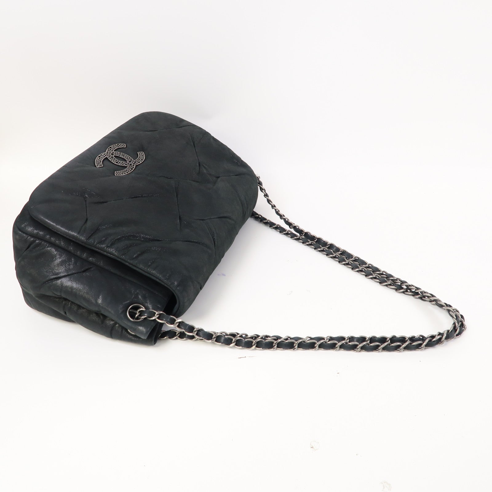 CHANEL 【激減優惠】皮革Chain Shoulder銀扣鏈帶肩背袋灰色