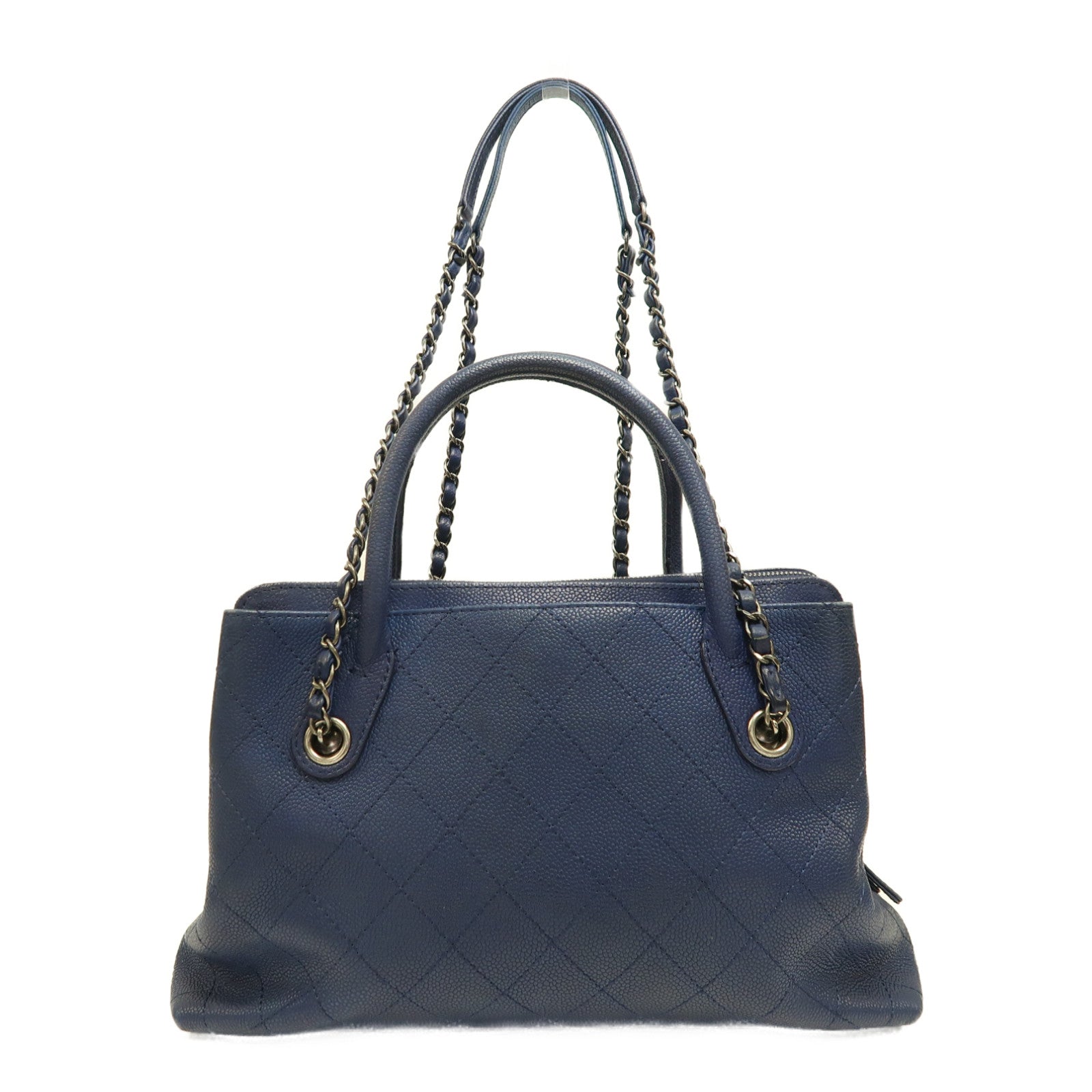CHANEL 菱格皮革2way Shoulder Bag銀扣鏈帶手挽肩背兩用袋深藍色