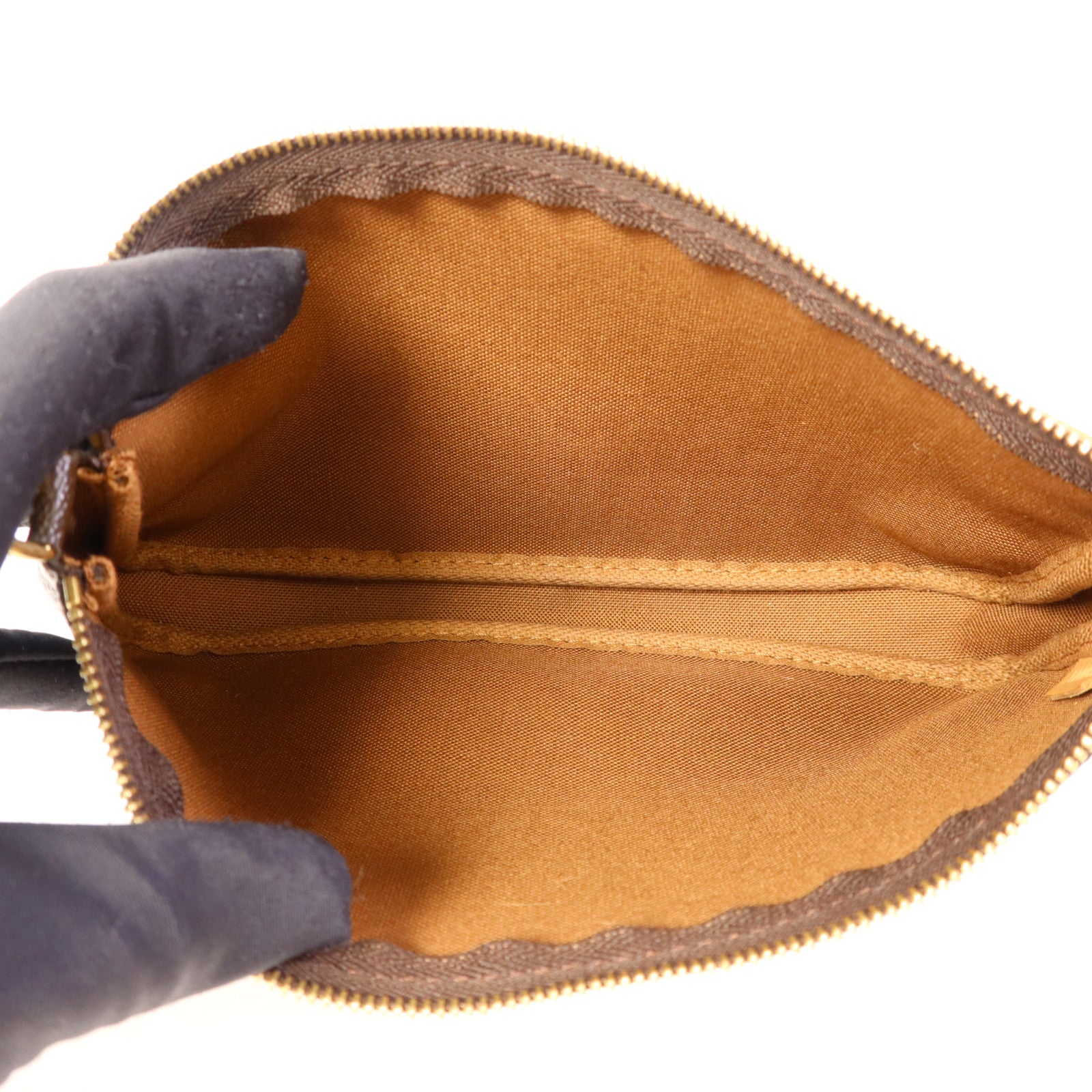LOUIS VUITTON Monogram Pochette Accessoires金扣手挽袋棕色