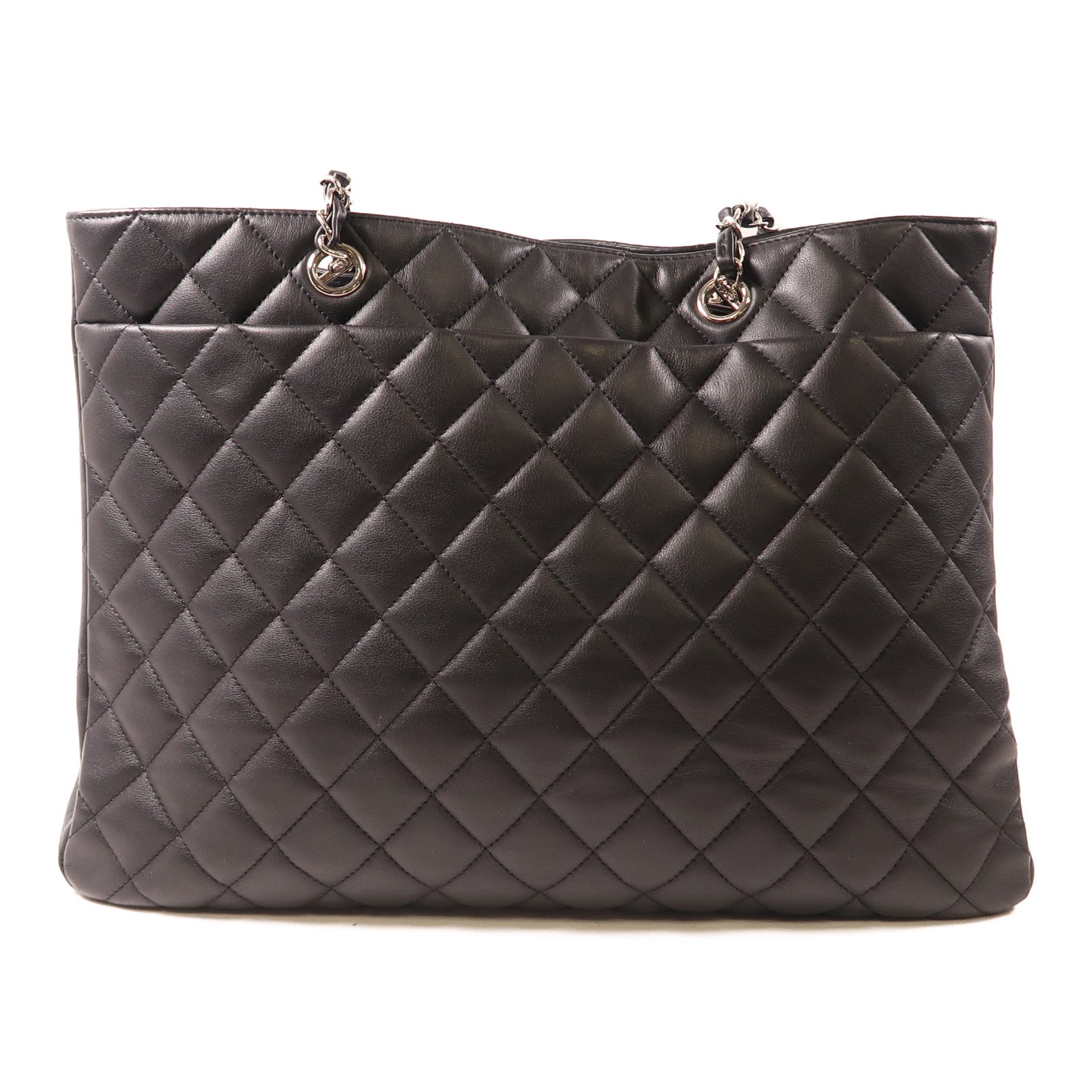 CHANEL 菱格牛皮皮革Tote Bag銀扣鏈帶肩背袋黑色