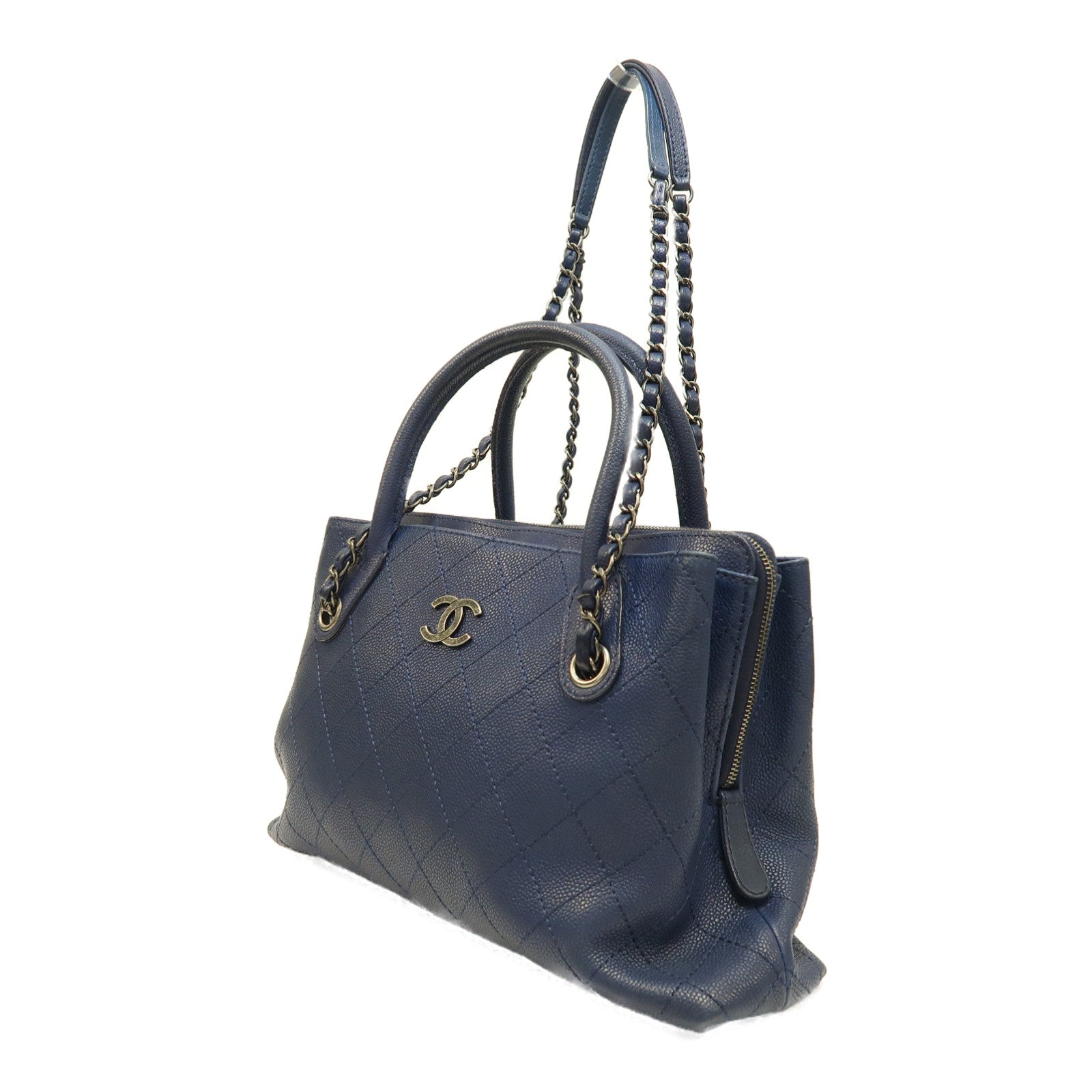 CHANEL 菱格皮革2way Shoulder Bag銀扣鏈帶手挽肩背兩用袋深藍色