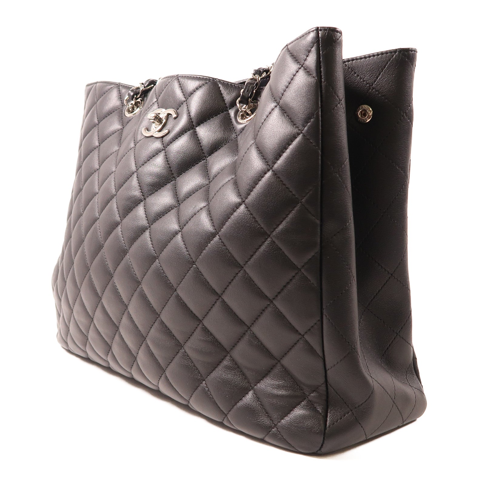 CHANEL 菱格牛皮皮革Tote Bag銀扣鏈帶肩背袋黑色