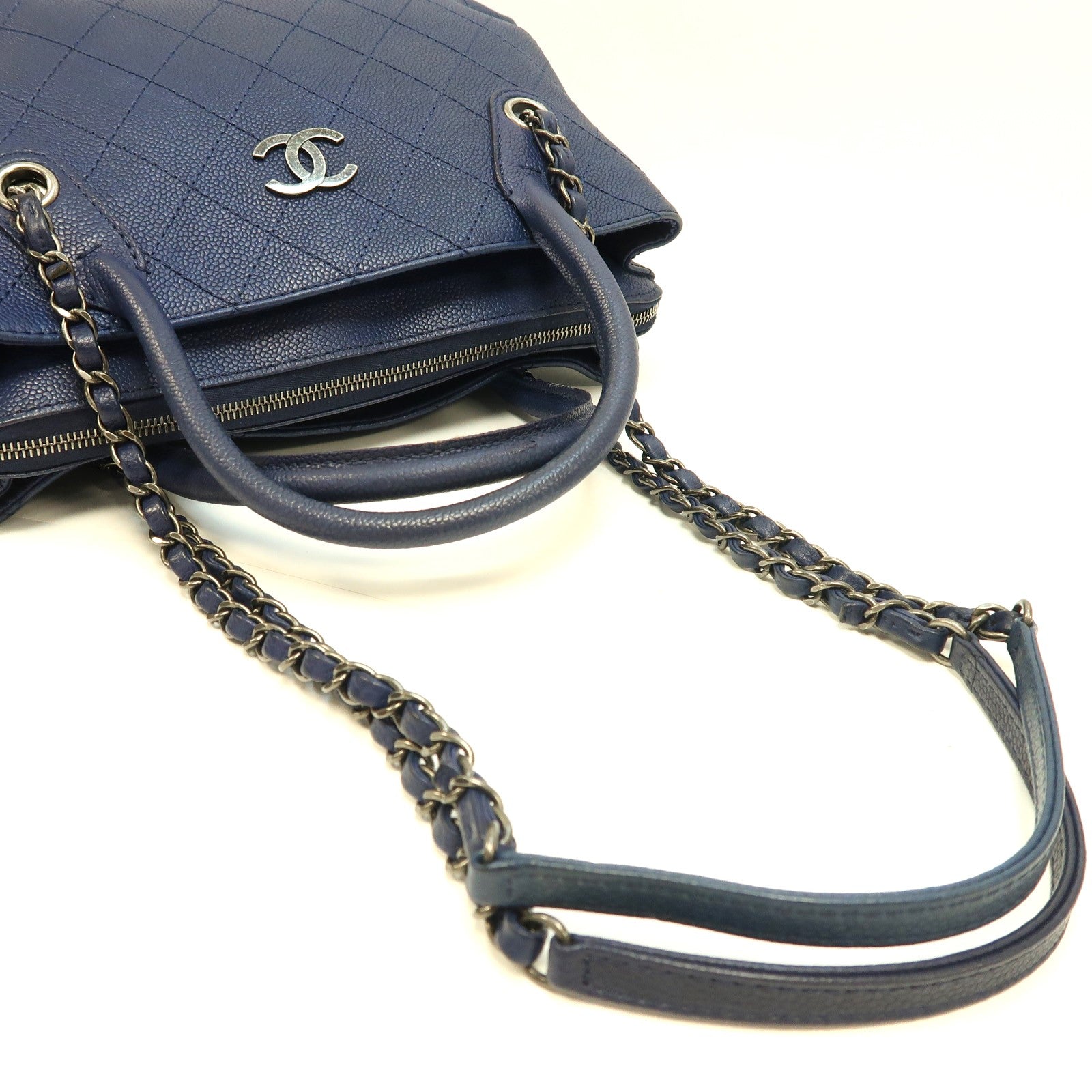 CHANEL 菱格皮革2way Shoulder Bag銀扣鏈帶手挽肩背兩用袋深藍色