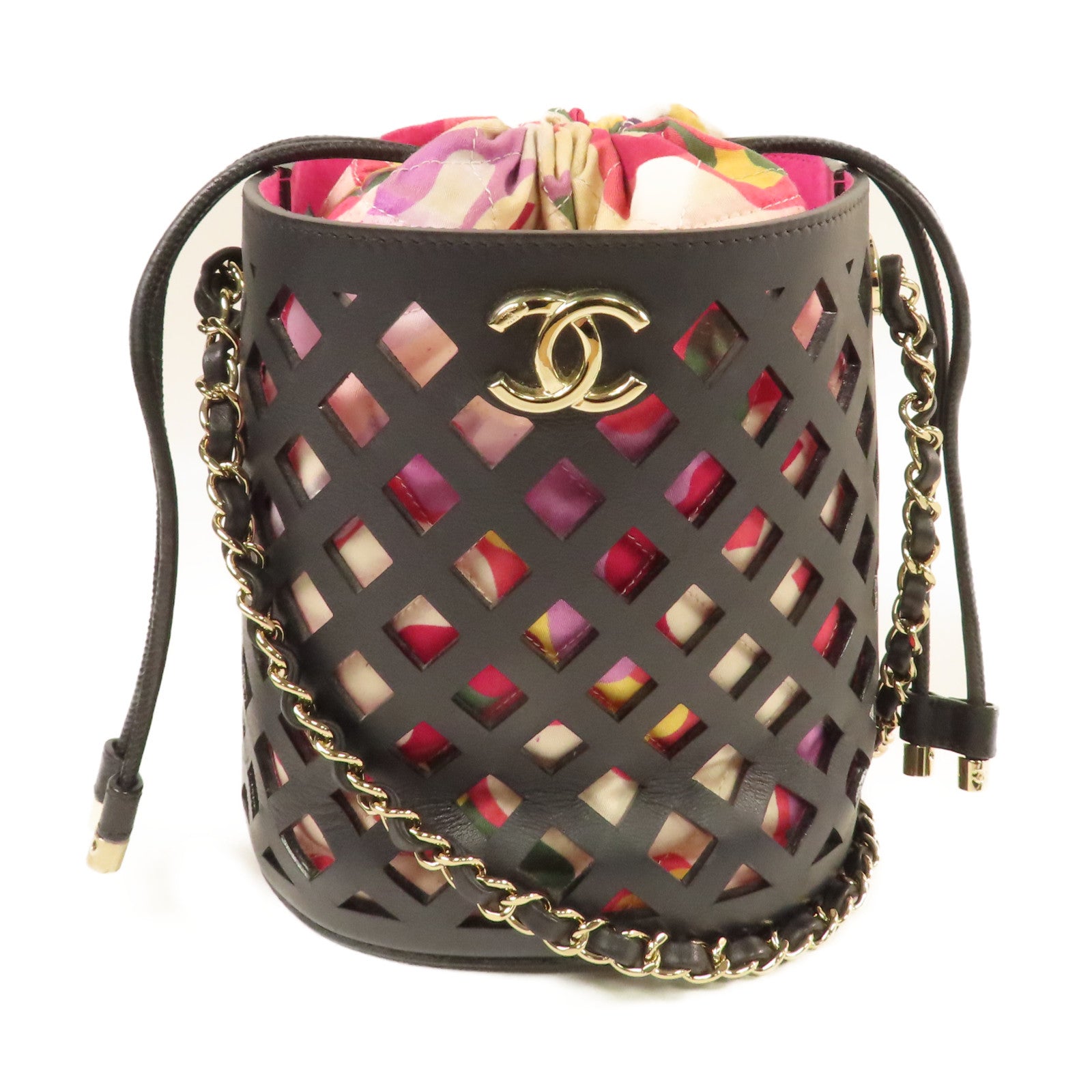 CHANEL **【激減優惠】菱格牛皮皮革/帆布Chain Shoulder Bucket Bag金扣鏈帶肩背袋袋黑色/彩色
