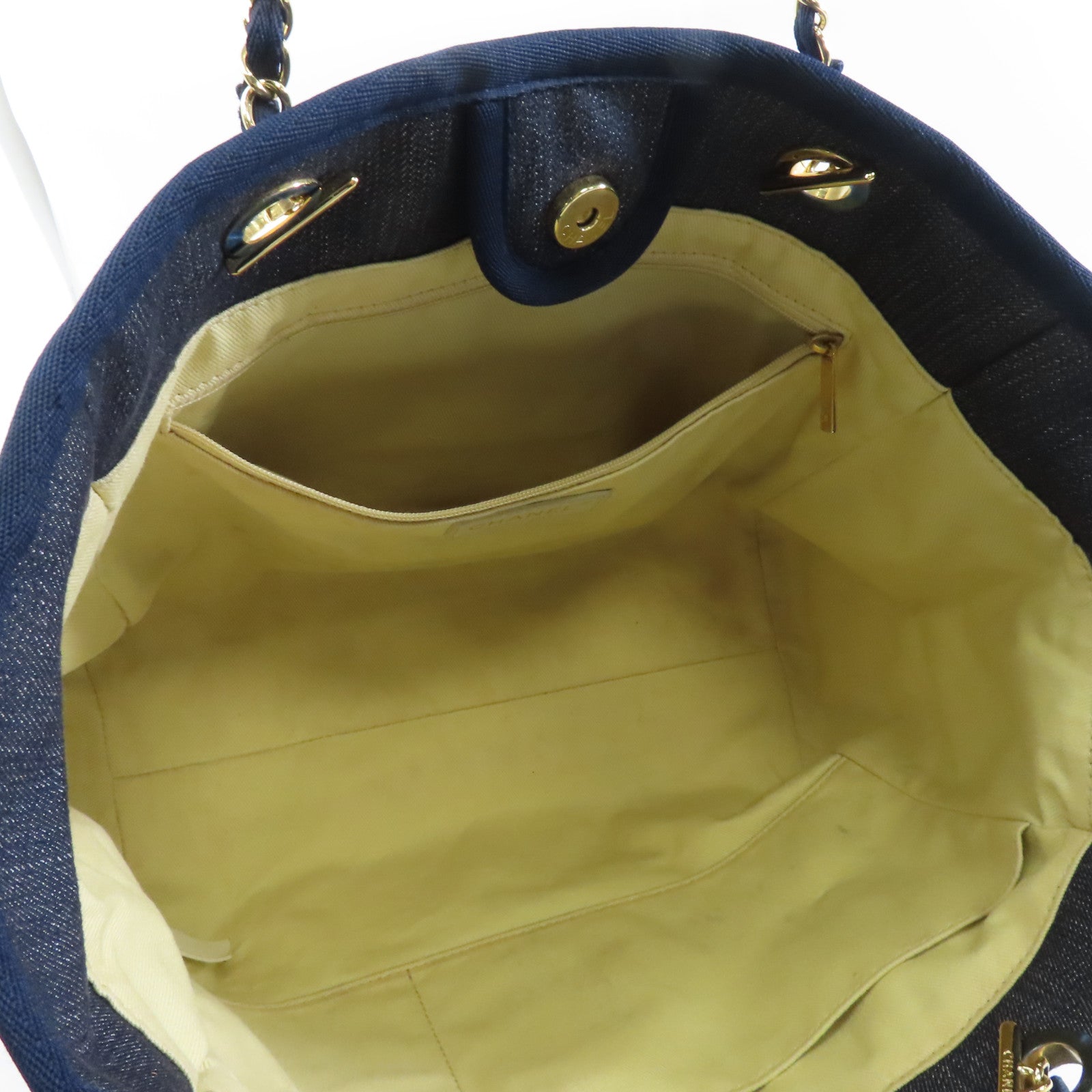 CHANEL 牛仔布Deauville Tote Bag金扣肩背袋/手挽袋深藍色