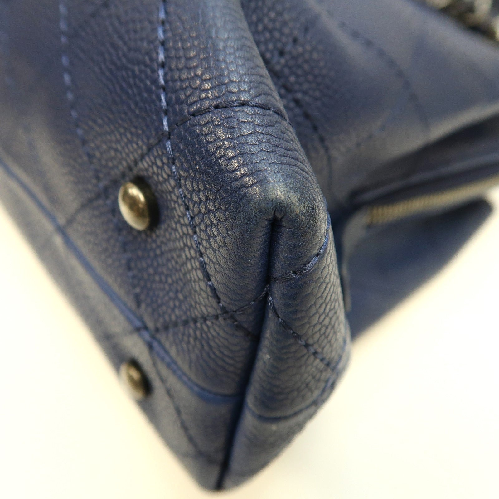 CHANEL 菱格皮革2way Shoulder Bag銀扣鏈帶手挽肩背兩用袋深藍色