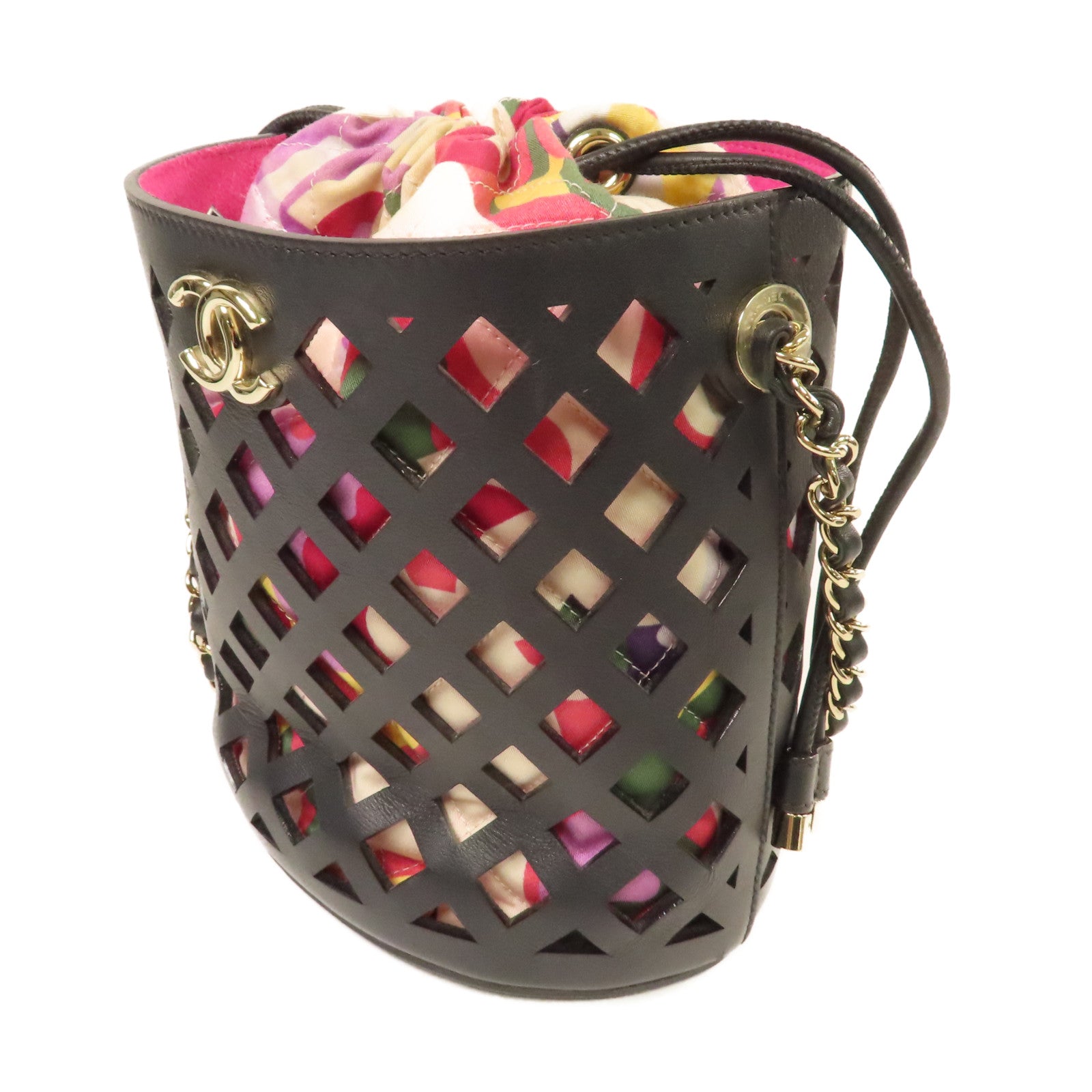 CHANEL **【激減優惠】菱格牛皮皮革/帆布Chain Shoulder Bucket Bag金扣鏈帶肩背袋袋黑色/彩色