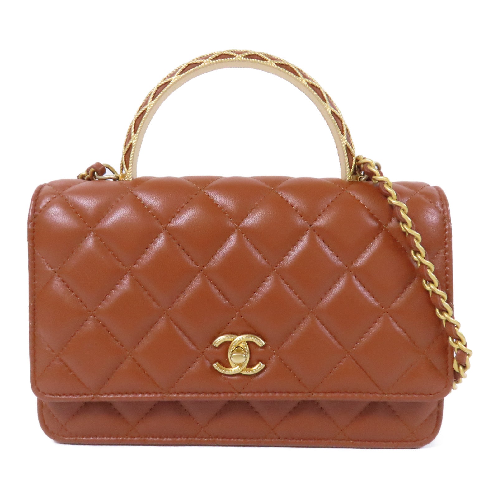 CHANEL 菱格羊皮皮革Top Handle WOC金扣鏈帶手挽肩背兩用袋啡色