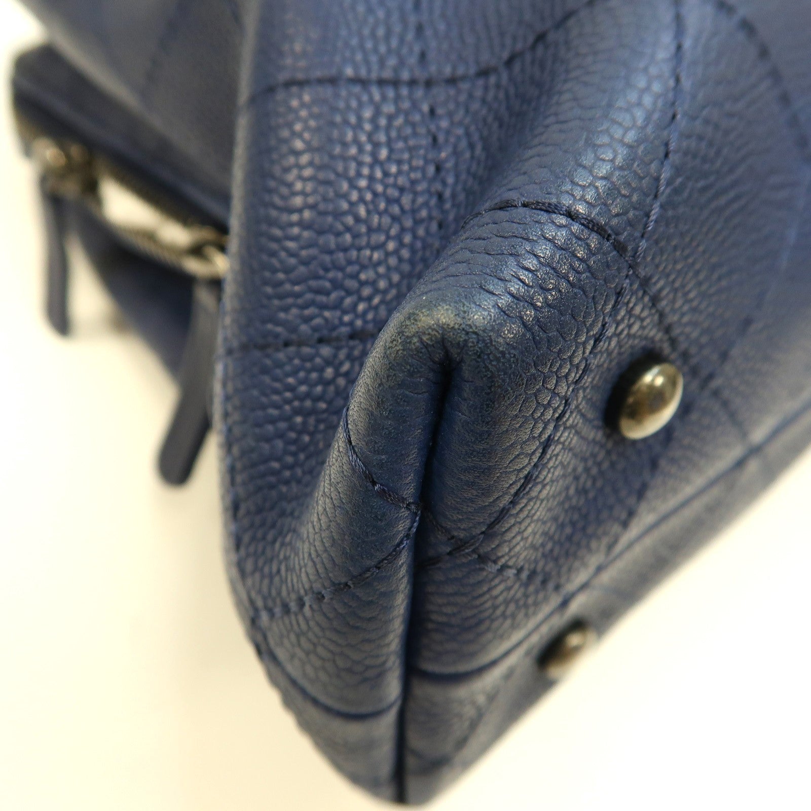 CHANEL 菱格皮革2way Shoulder Bag銀扣鏈帶手挽肩背兩用袋深藍色