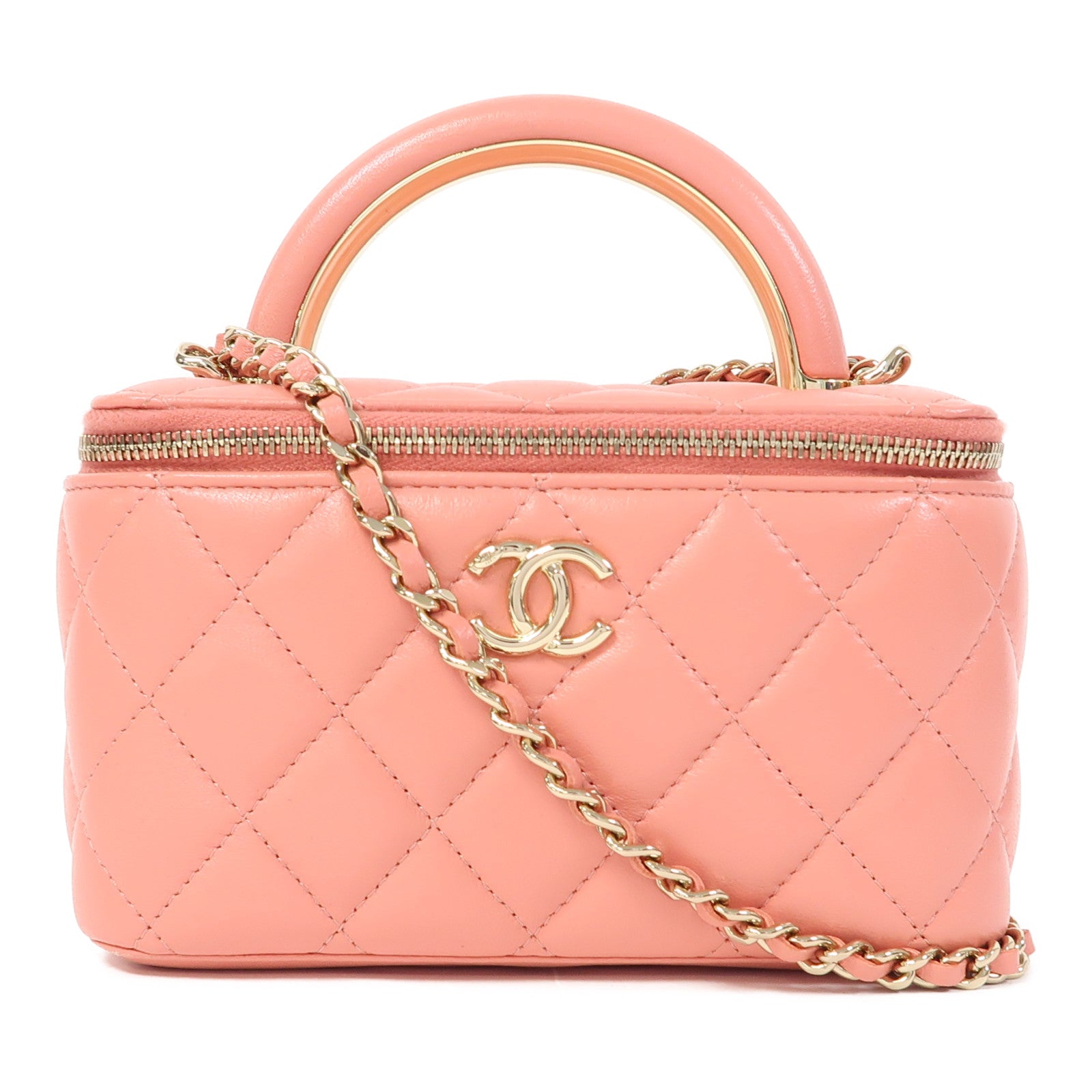 CHANEL 【激減優惠】菱格羊皮皮革Vanity Case金扣手挽肩背兩用袋粉紅色