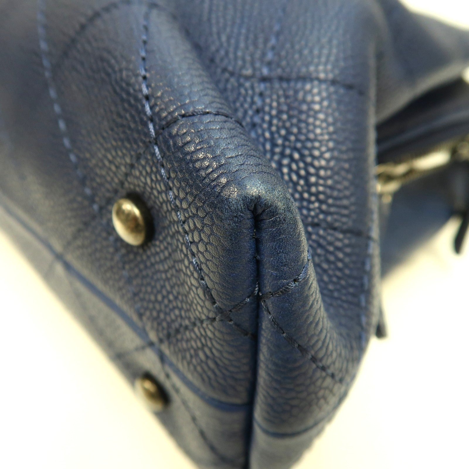 CHANEL 菱格皮革2way Shoulder Bag銀扣鏈帶手挽肩背兩用袋深藍色