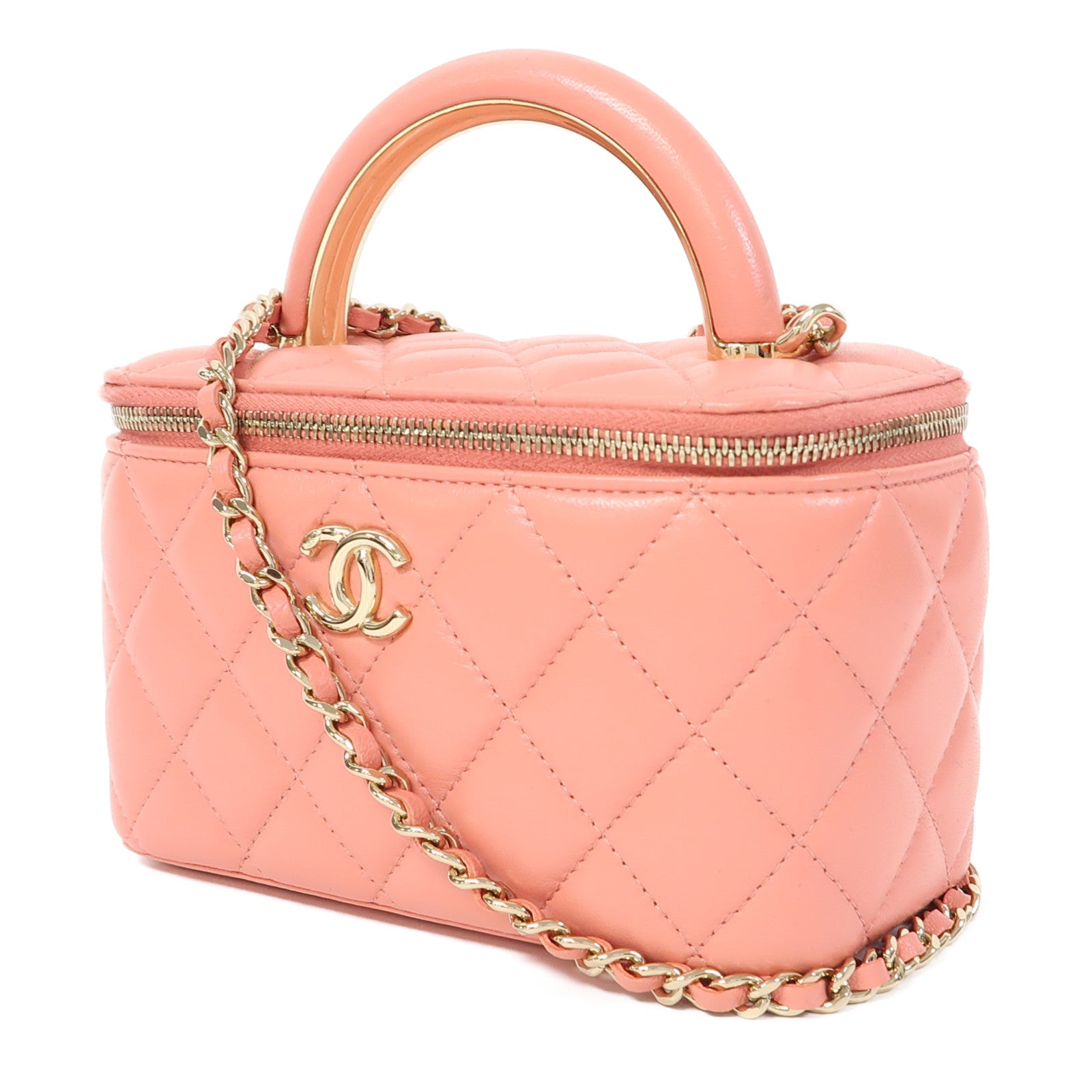 CHANEL 【激減優惠】菱格羊皮皮革Vanity Case金扣手挽肩背兩用袋粉紅色