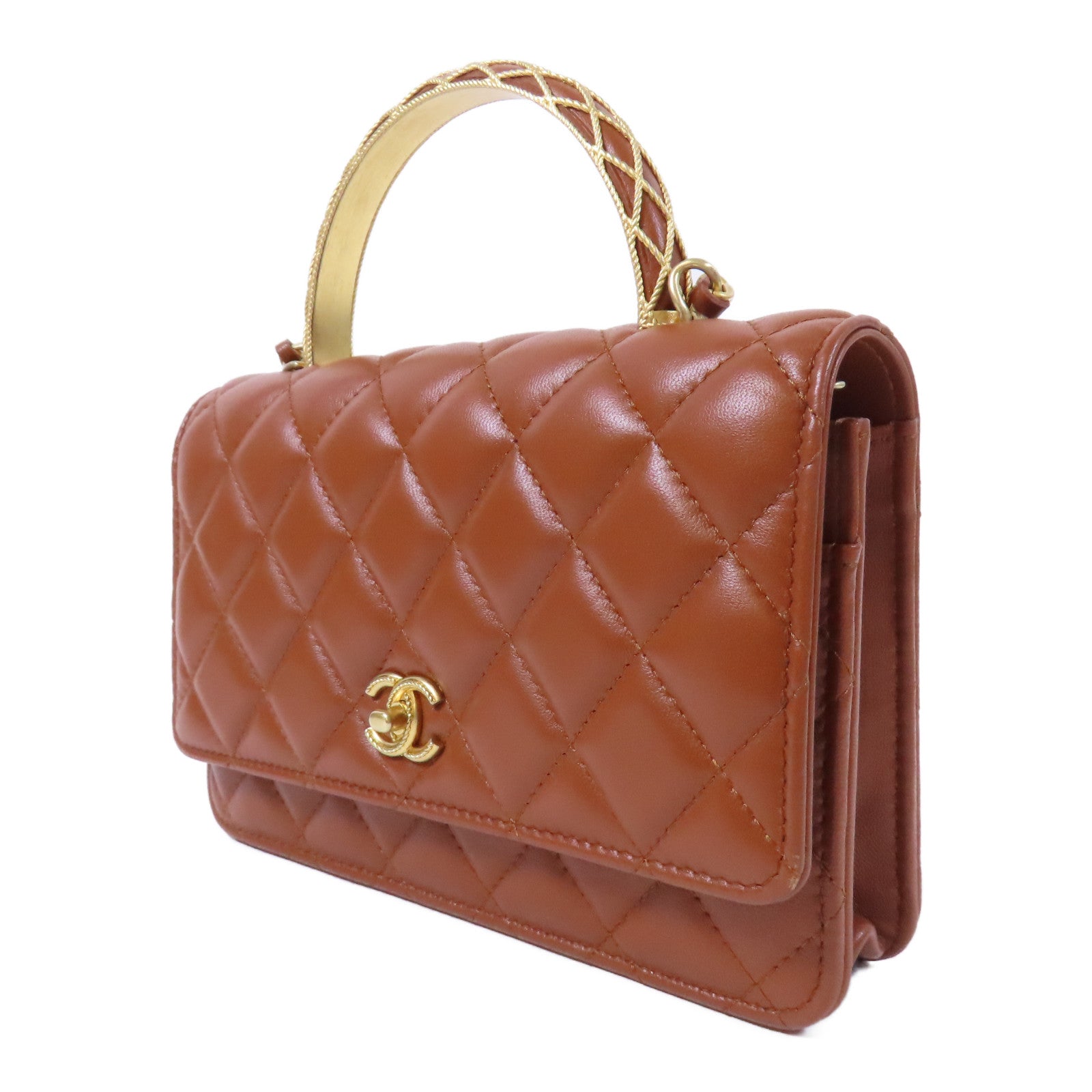 CHANEL 菱格羊皮皮革Top Handle WOC金扣鏈帶手挽肩背兩用袋啡色