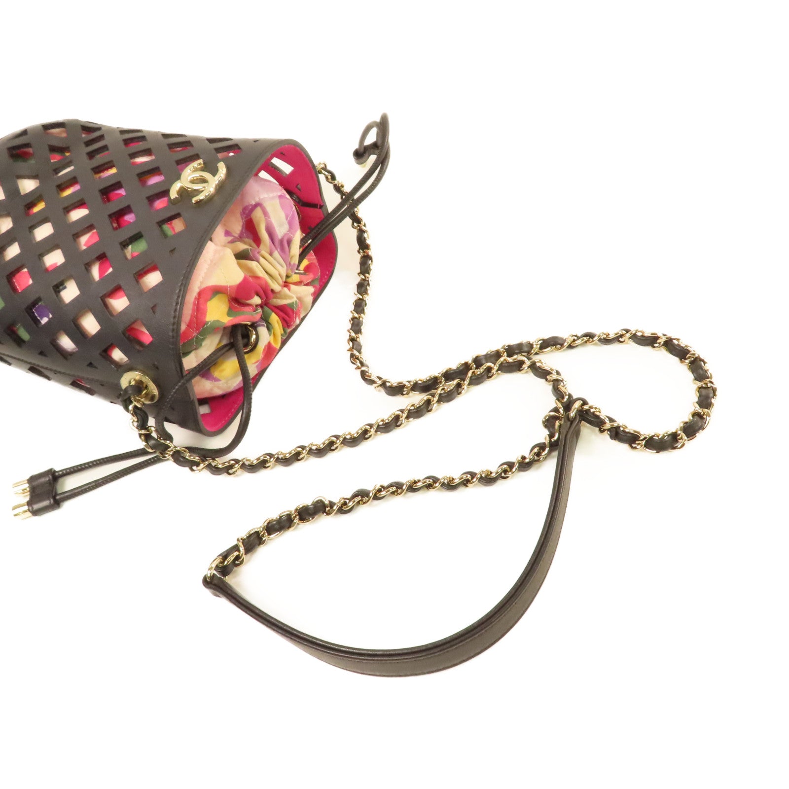 CHANEL **【激減優惠】菱格牛皮皮革/帆布Chain Shoulder Bucket Bag金扣鏈帶肩背袋袋黑色/彩色