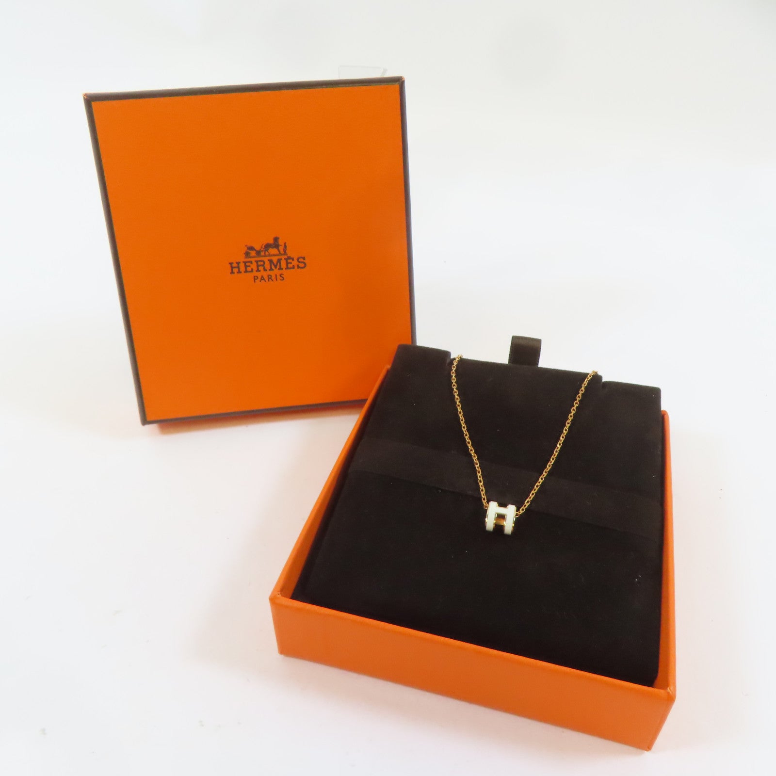 HERMES 金屬Pop H Pendant Necklace項鍊金色/白色#40cm