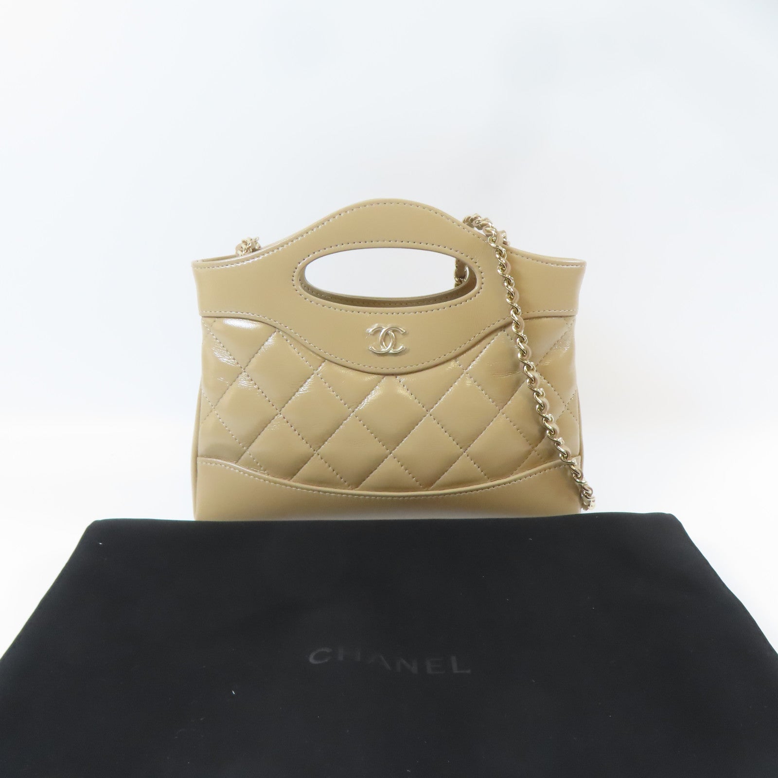 CHANEL 菱格牛皮皮革Nano 31 2 Way Chain Shoulder Bag金扣鏈帶手挽肩背兩用袋米色