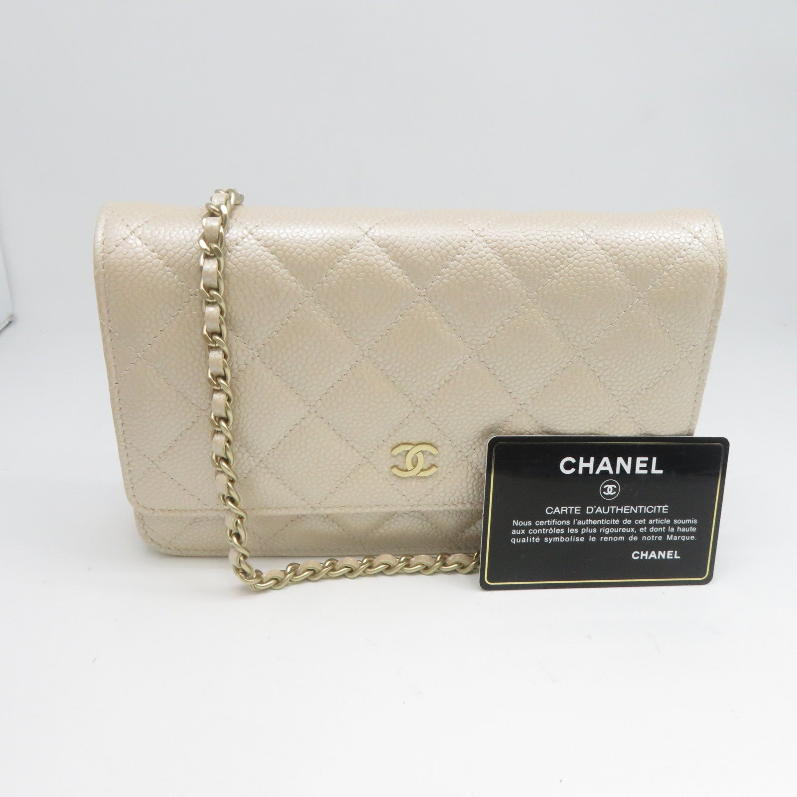 CHANEL 【激減優惠】菱格Caviar皮革Walle On Chain金扣鏈帶肩背袋米色