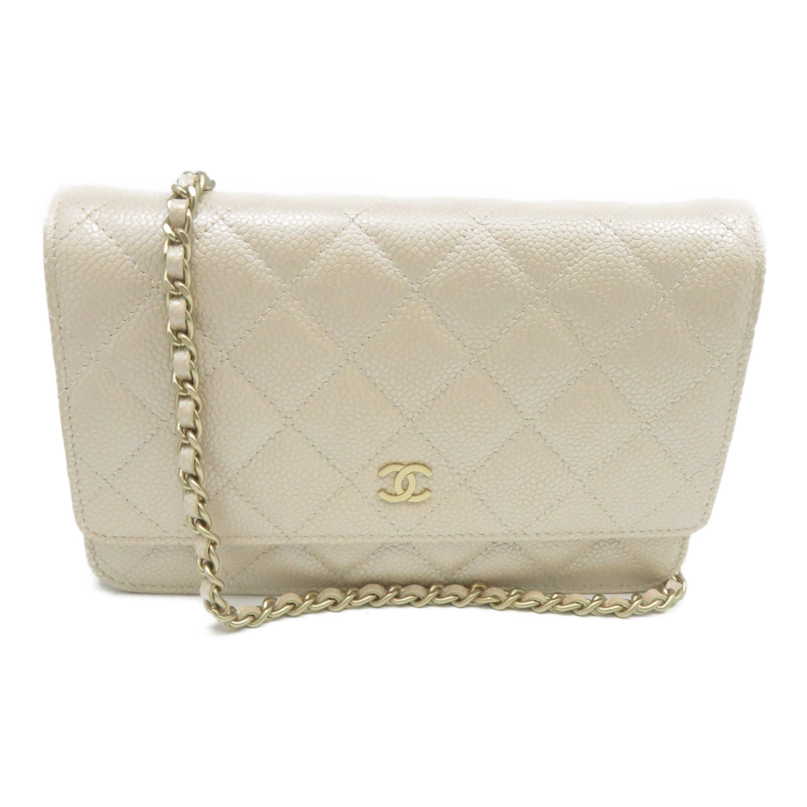 CHANEL 【激減優惠】菱格Caviar皮革Walle On Chain金扣鏈帶肩背袋米色