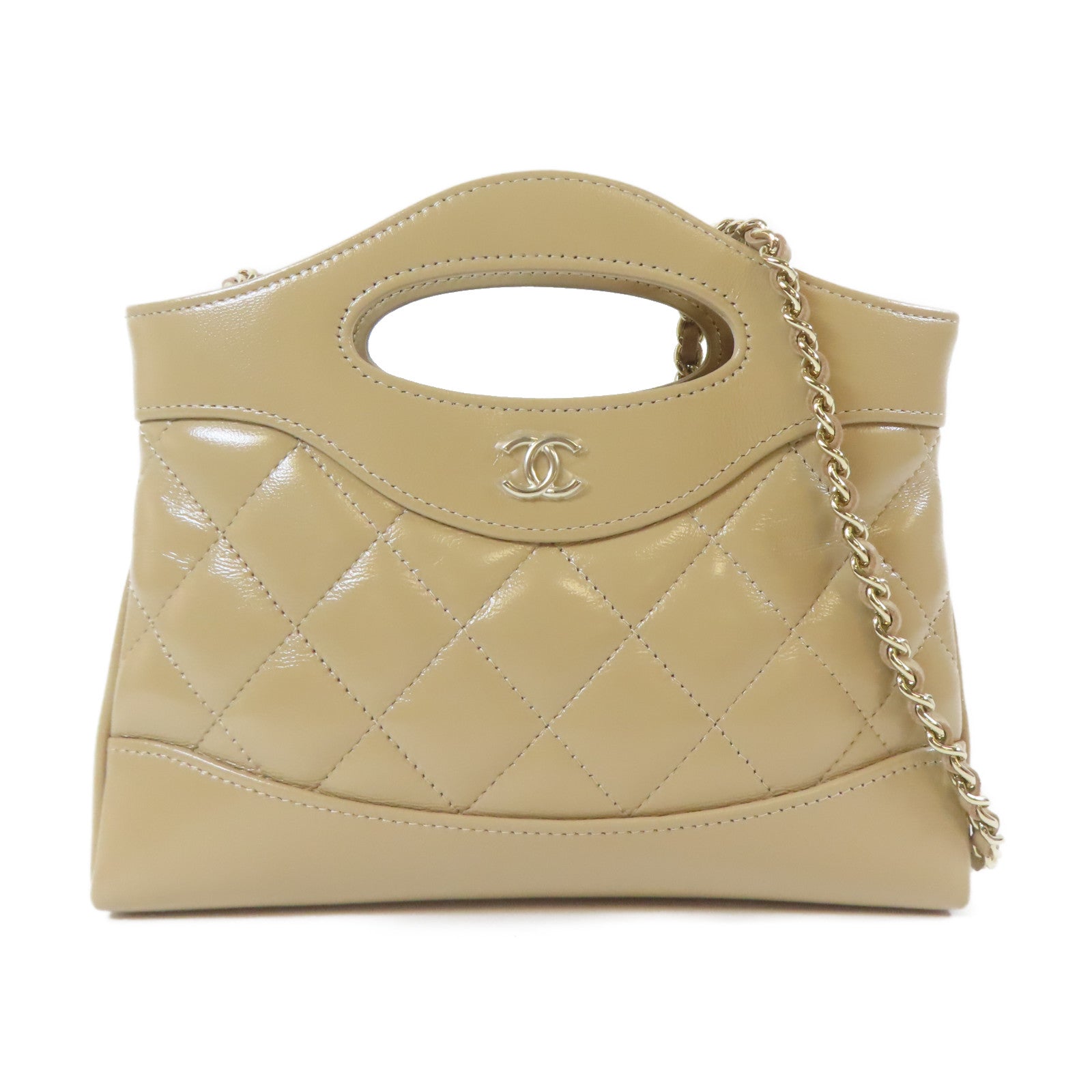 CHANEL 菱格牛皮皮革Nano 31 2 Way Chain Shoulder Bag金扣鏈帶手挽肩背兩用袋米色